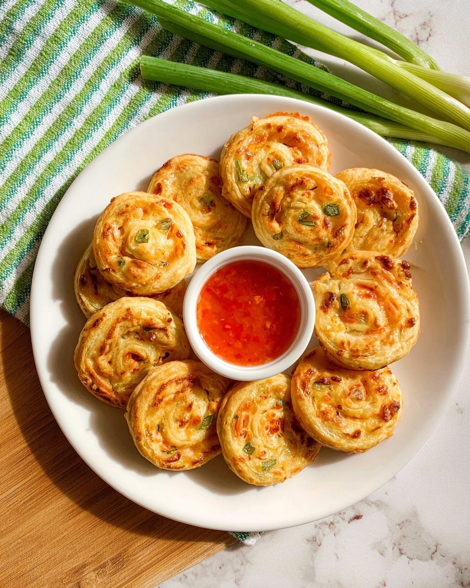 A white plate holds eleven golden-brown pinwheel pastries with visible layers of flaky dough swirled to form small round shapes, speckled with bits of green and red ingredients. They are arranged mostly on the right side of the plate in a close cluster. At the top center of the plate, a small white bowl contains bright red dipping sauce that looks smooth and glossy. To the left of the plate on the white marbled surface, fresh green onions and pieces of imitation crab meat sit on a green and white checkered cloth. photo taken with an iphone --ar 4:5 --v 7