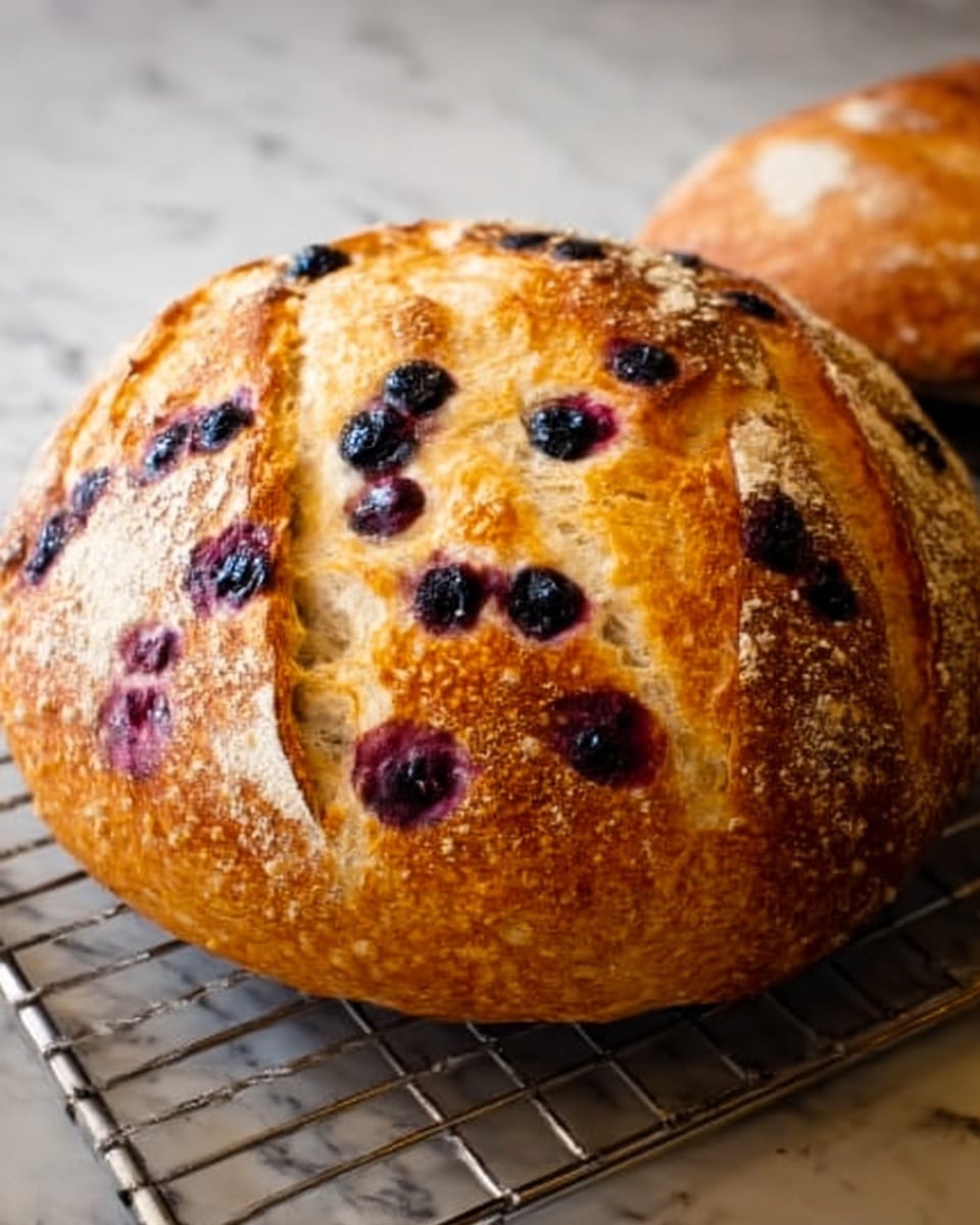 Two round loaves of bread sit on a wire cooling rack over a white marbled surface. The bread has a golden-brown crust with a rustic texture and deep cuts on top. One loaf shows dark purple blueberries baked into the crust, creating a contrast with the golden crust. The bread looks fresh and crusty with a slightly rough surface. Photo taken with an iphone --ar 4:5 --v 7