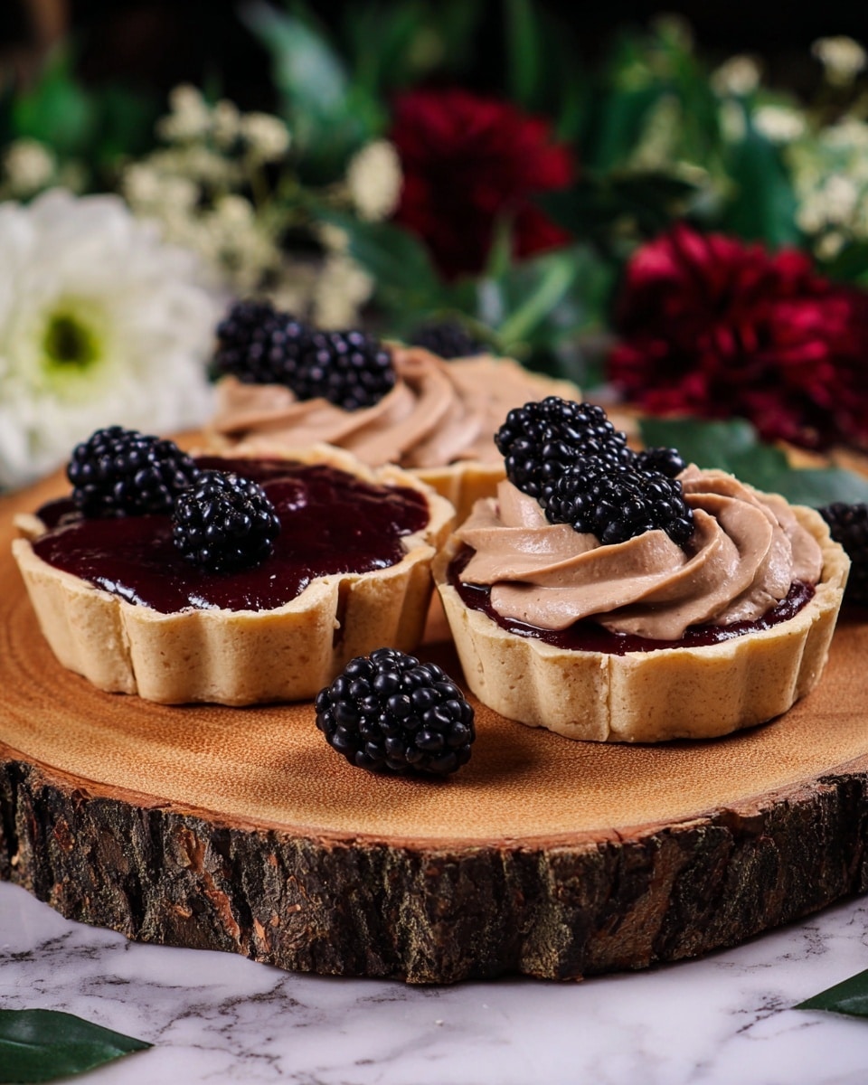 Three small tarts sit on a round wooden board with bark edges. Each tart has a thick golden crust as the base, a middle layer of dark red jam, and a top layer of smooth, light brown cream that is softly folded in waves. Two shiny blackberries are placed on top of the cream on each tart. The background is filled with green leaves, white flowers, and dark red roses, resting on a white marbled surface. Photo taken with an iphone --ar 4:5 --v 7