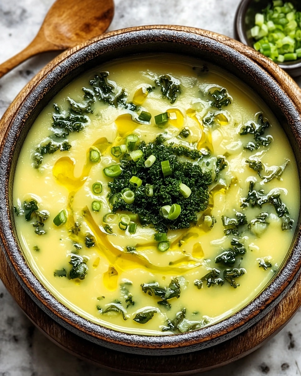 A close-up of a thick yellow soup with green leafy bits mixed inside, served in a white bowl with a rough dark rim. On top of the soup, there is a spiral drizzle of golden oil, and a small pile of thin slices of bright green spring onions sits in the center. The soup looks creamy with some texture from small chunks. The background features a white marbled texture with a wooden spoon partially visible beside the bowl. Photo taken with an iphone --ar 4:5 --v 7