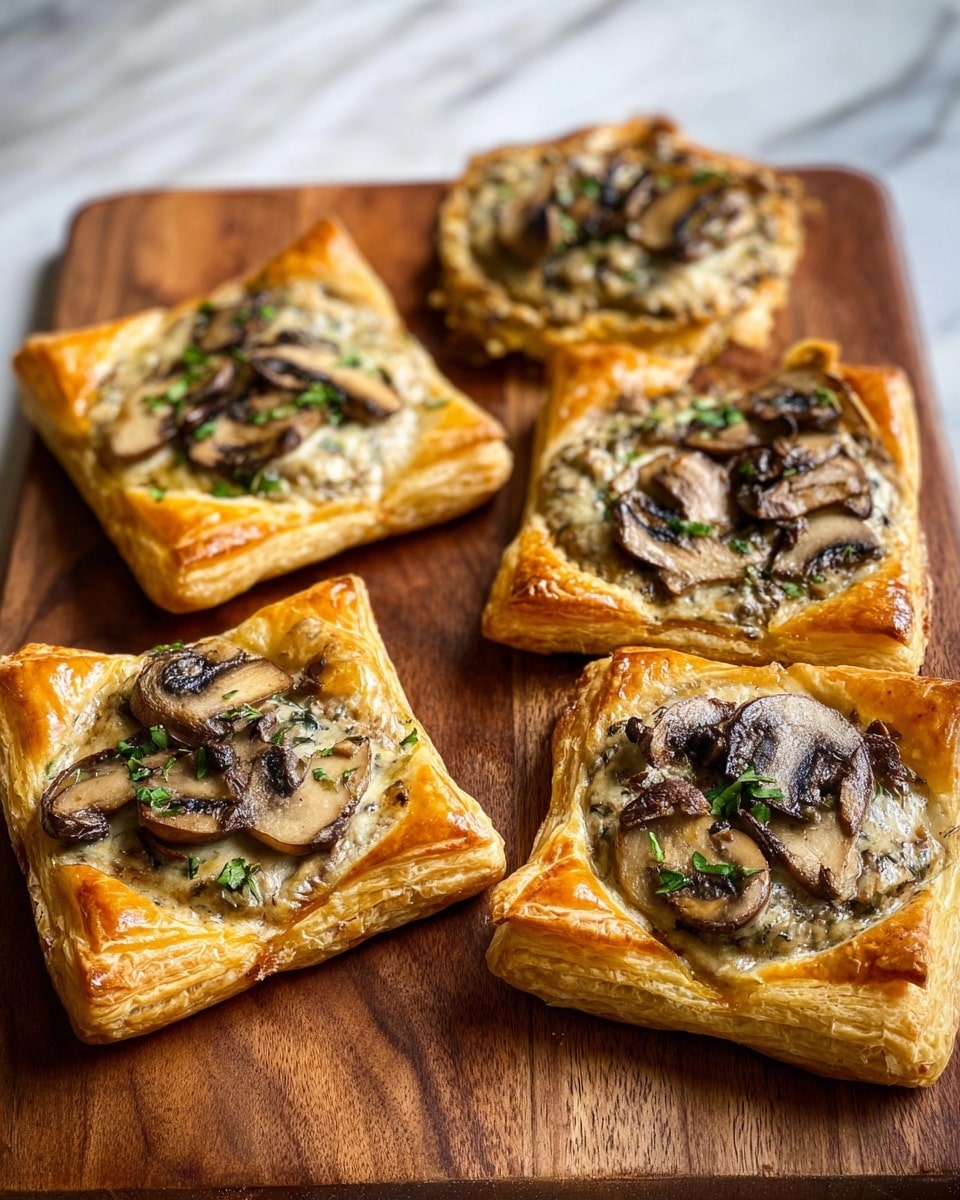 Five golden-brown puff pastry tarts are arranged on a wooden cutting board against a white marbled textured surface. Each tart has a thick, flaky, and crispy crust with a shiny, lightly browned edge. The center of each tart is filled with a creamy mushroom mixture, showing sliced mushrooms cooked with herbs that give a mix of light brown, beige, and dark brown colors. The mushroom filling looks rich and sauce-like with visible green herb bits. The tarts have slightly different shapes, some more square and others more oval or diamond-shaped, with puffed-up corners. photo taken with an iphone --ar 4:5 --v 7