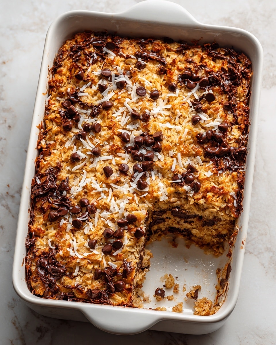The image shows a white rectangular dish filled with a baked oatmeal dessert. The top layer is a light golden brown, covered with shredded coconut and scattered chocolate chips that are slightly melted. The dish has one portion taken out, revealing a thick, soft inside with layers of oats mixed with dark, melted chocolate pieces creating a marbled effect. The texture inside looks moist and dense with visible oats and chocolate bits, while the top looks crunchy and textured. The dish is placed on a white marbled surface. photo taken with an iphone --ar 4:5 --v 7