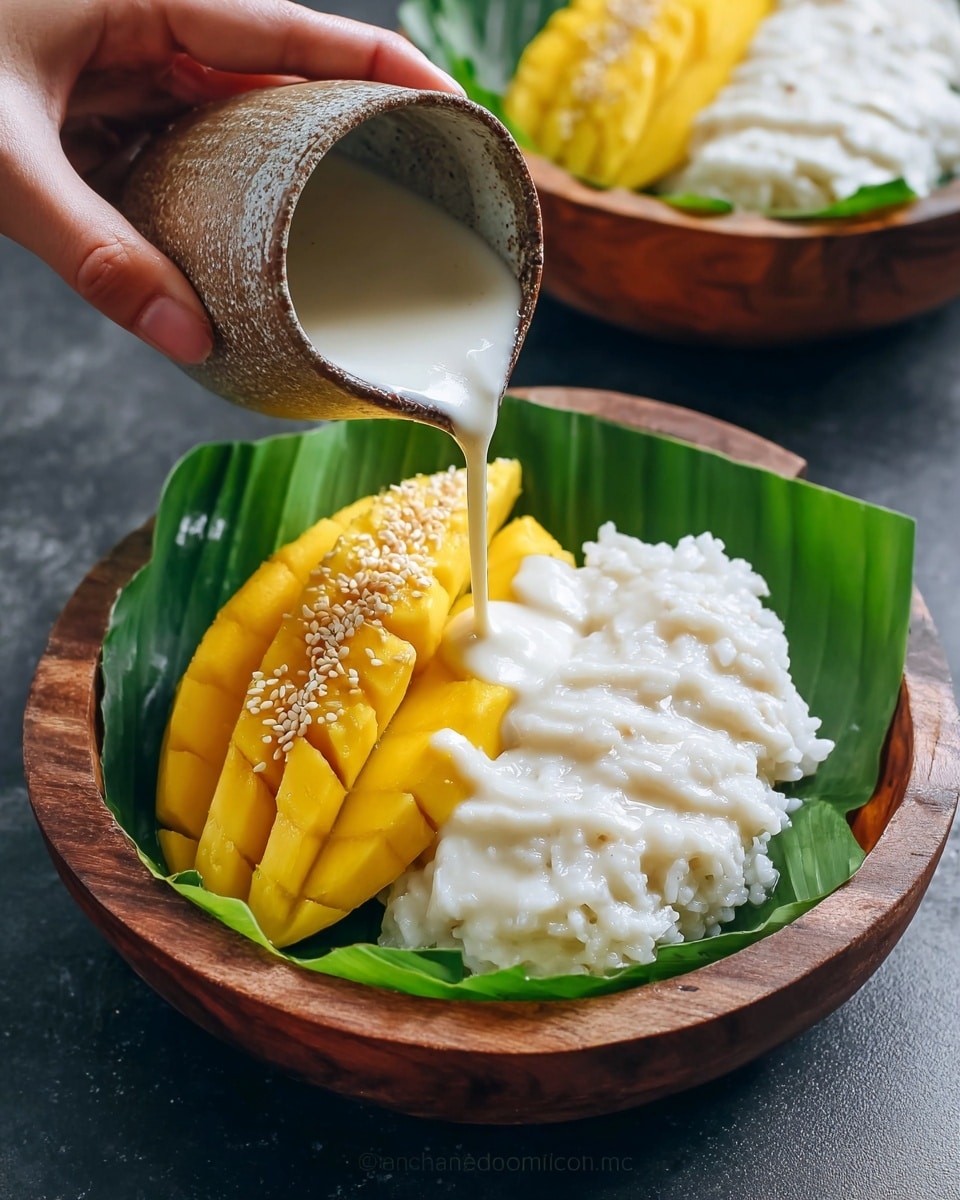 A wooden plate lined with a green banana leaf holds two main layers: on the left, bright yellow mango sliced into even, thin pieces with a slightly shiny texture and sprinkled with small white sesame seeds, and on the right, a mound of sticky white rice with a soft, slightly translucent look, also topped with sesame seeds. A woman's hand is pouring creamy white coconut milk over the rice from a small rustic ceramic jug, creating a smooth, glossy layer on top. Another similar wooden plate with the same dish is blurred in the background. The scene is set on a white marbled surface. Photo taken with an iphone --ar 4:5 --v 7