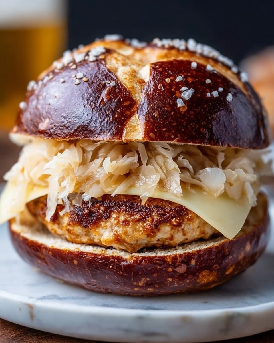 A close-up image of a sandwich on a soft, shiny pretzel bun topped with coarse salt. The sandwich has four main layers: the bottom pretzel bun, a thick, golden-brown grilled chicken patty with a slightly crispy texture, a smooth white slice of melted cheese covering the patty, and a generous layer of light beige sauerkraut with a shredded texture. The top pretzel bun sits firmly on these layers. The sandwich is placed on a white plate with a dark rim, resting on a white marbled surface with a blurred background. Photo taken with an iphone --ar 4:5 --v 7