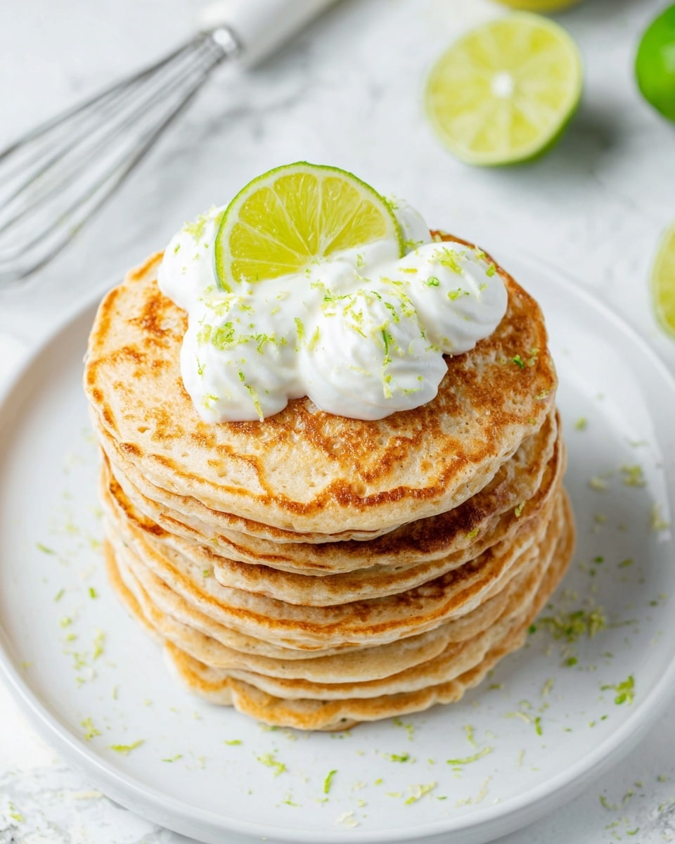 A stack of seven golden brown pancakes with small holes on the surface is placed on a white plate. On top of the stack are two dollops of white cream and a thin, bright green lime slice angled slightly to the side, with lime zest sprinkled over the cream and pancakes. The plate sits on a white marbled surface, and there is a lime slice and part of a whisk blurred in the background. photo taken with an iphone --ar 4:5 --v 7