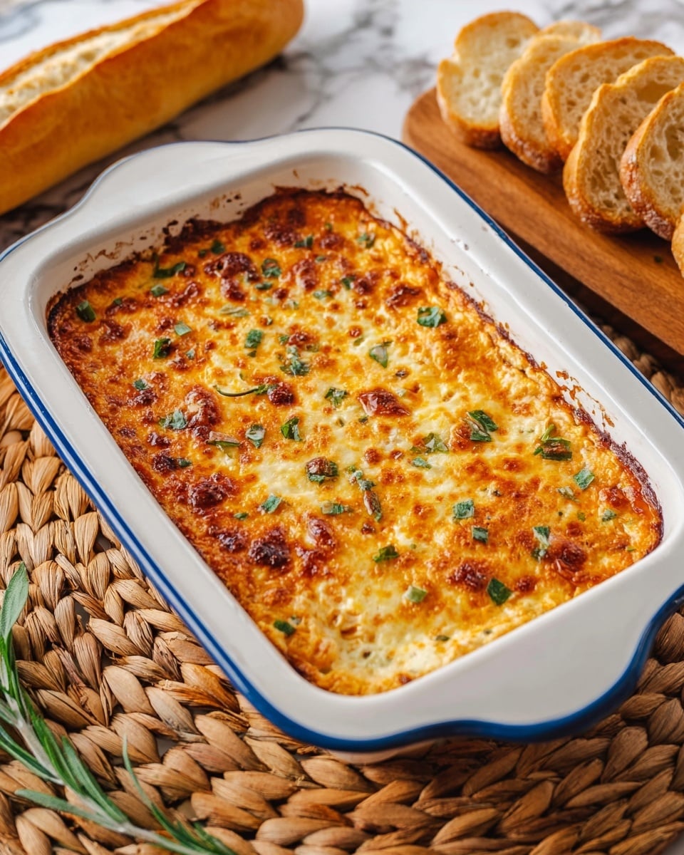 A white rectangular baking dish with a blue rim holds a baked cheesy dip topped with browned melted cheese and scattered green herb pieces, likely chives or rosemary. The dip looks creamy and slightly thick with a golden, bubbly surface and some browned spots. The dish sits on a woven mat with a white marbled texture visible around the edges. To the right, slices of toasted bread in a stack rest on a wooden board, and to the left, a baguette wrapped partly in a blue cloth is partially visible. photo taken with an iphone --ar 4:5 --v 7