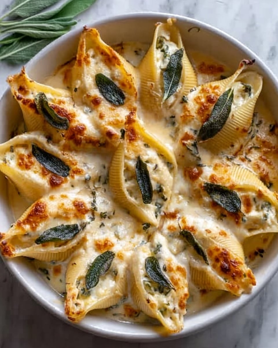 A white round plate on a white marbled surface holds large pasta shells filled with a creamy mixture. The shells are arranged in a circle, topped with melted golden-brown cheese with some light browning on the edges. Fresh dark green sage leaves are placed between the shells as garnish. The dish has a smooth, creamy texture with some crispy spots on top from baking. photo taken with an iphone --ar 4:5 --v 7
