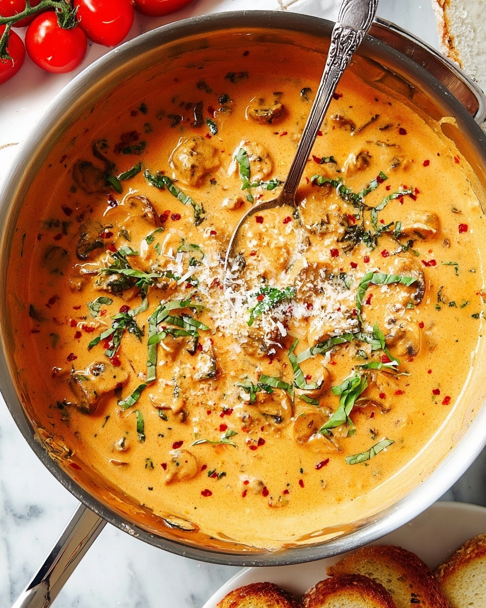 A close-up view of a stainless steel pan filled with a creamy, orange-yellow mushroom sauce rich with herbs and spices. The sauce is thick with visible mushroom slices and small green basil leaves scattered throughout. There is a slight dusting of grated cheese and black pepper flakes on top, adding texture. A silver spoon with an ornate handle rests inside the pan, partially submerged in the sauce. The dish is set on a white marbled surface with a cluster of bright red cherry tomatoes and some toasted bread slices nearby. Photo taken with an iphone --ar 4:5 --v 7