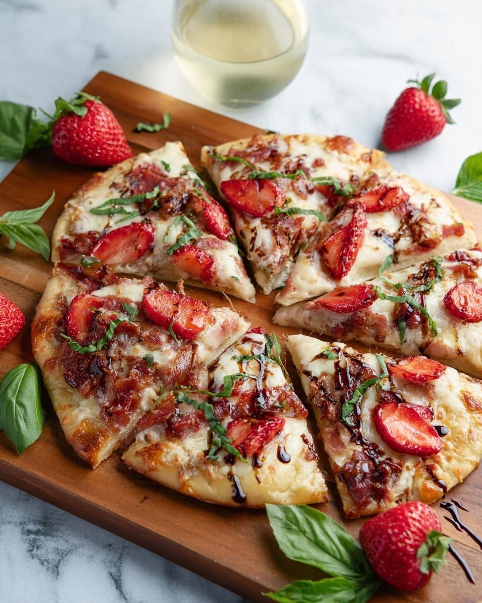 A round pizza with a thin, light brown crust is placed on a wooden board. The pizza is cut into eight slices and topped with layers of melted cheese, red slices of strawberries, thin brown pieces of cooked meat, and thin green strips of fresh basil leaves scattered on top. The pizza has a glossy look from a dark drizzle of sauce over everything. Around the board are some whole red strawberries and a few fresh green basil leaves. In the background is a clear glass of a light yellow drink on a white marbled surface. photo taken with an iphone --ar 4:5 --v 7
