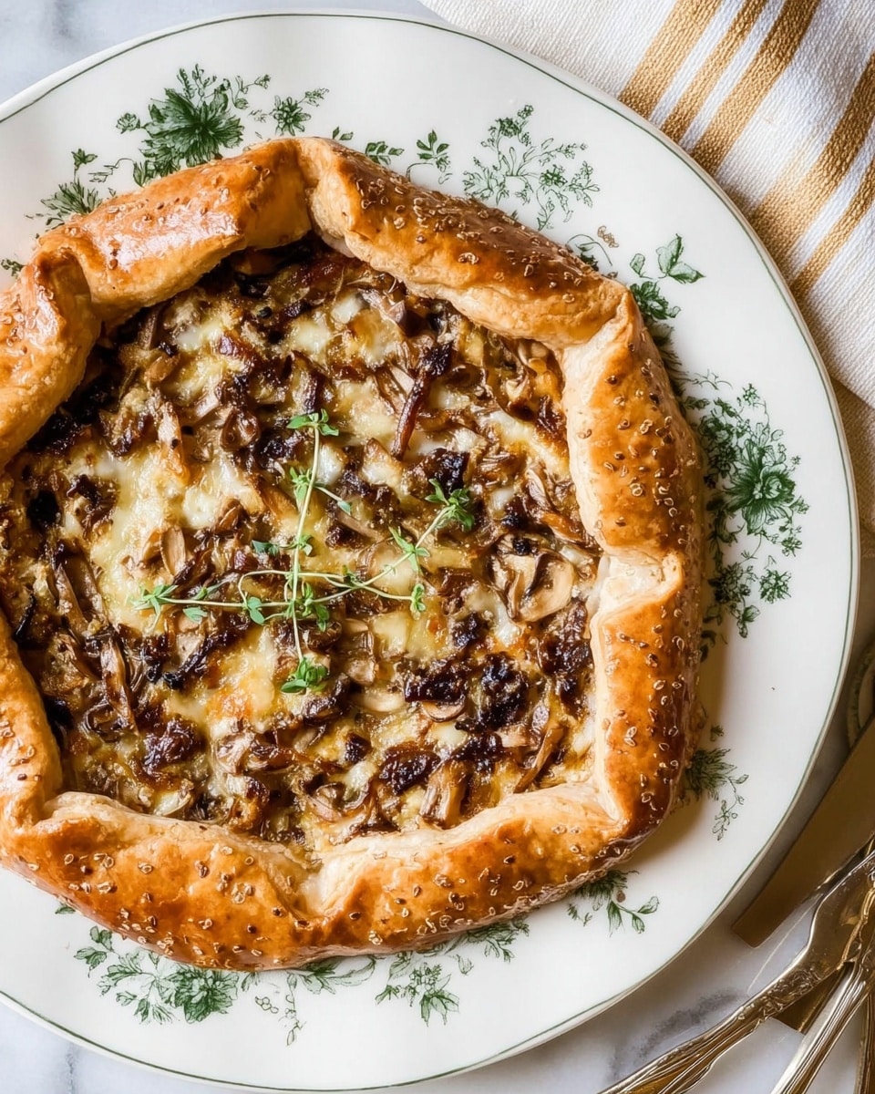 A round savory galette with six wide, folded edges showing a golden brown crust sprinkled lightly with seeds, enclosing a filling of melted cheese and small pieces of brown mushrooms mixed together. The center is garnished with a small sprig of fresh green herbs. The galette rests on a white plate decorated with green leaf and plant designs, placed on a white marbled surface. Nearby, a shiny silver knife and a white and beige striped cloth are partially visible. Photo taken with an iphone --ar 4:5 --v 7