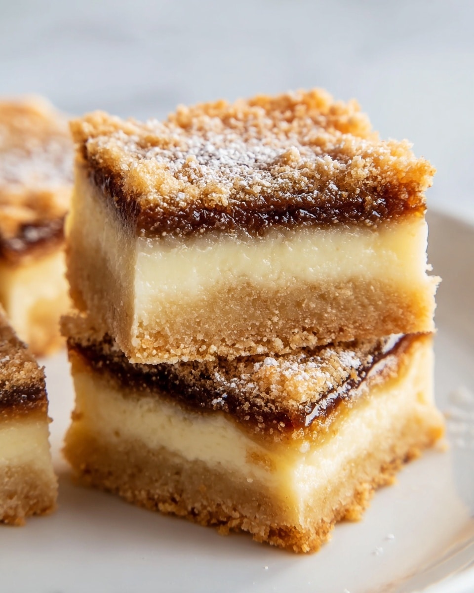 The image shows two dessert bars stacked on a white plate with a white marbled texture background. Each bar has three layers: the bottom layer is a light brown crumbly crust with a sandy texture, the middle layer is thick and creamy with a smooth pale yellow color, and the top layer is a glossy, dark brown caramel-like topping with some crumbly bits around the edges. The bars have clean straight edges, and a few light reflections highlight the glossy top. photo taken with an iphone --ar 4:5 --v 7