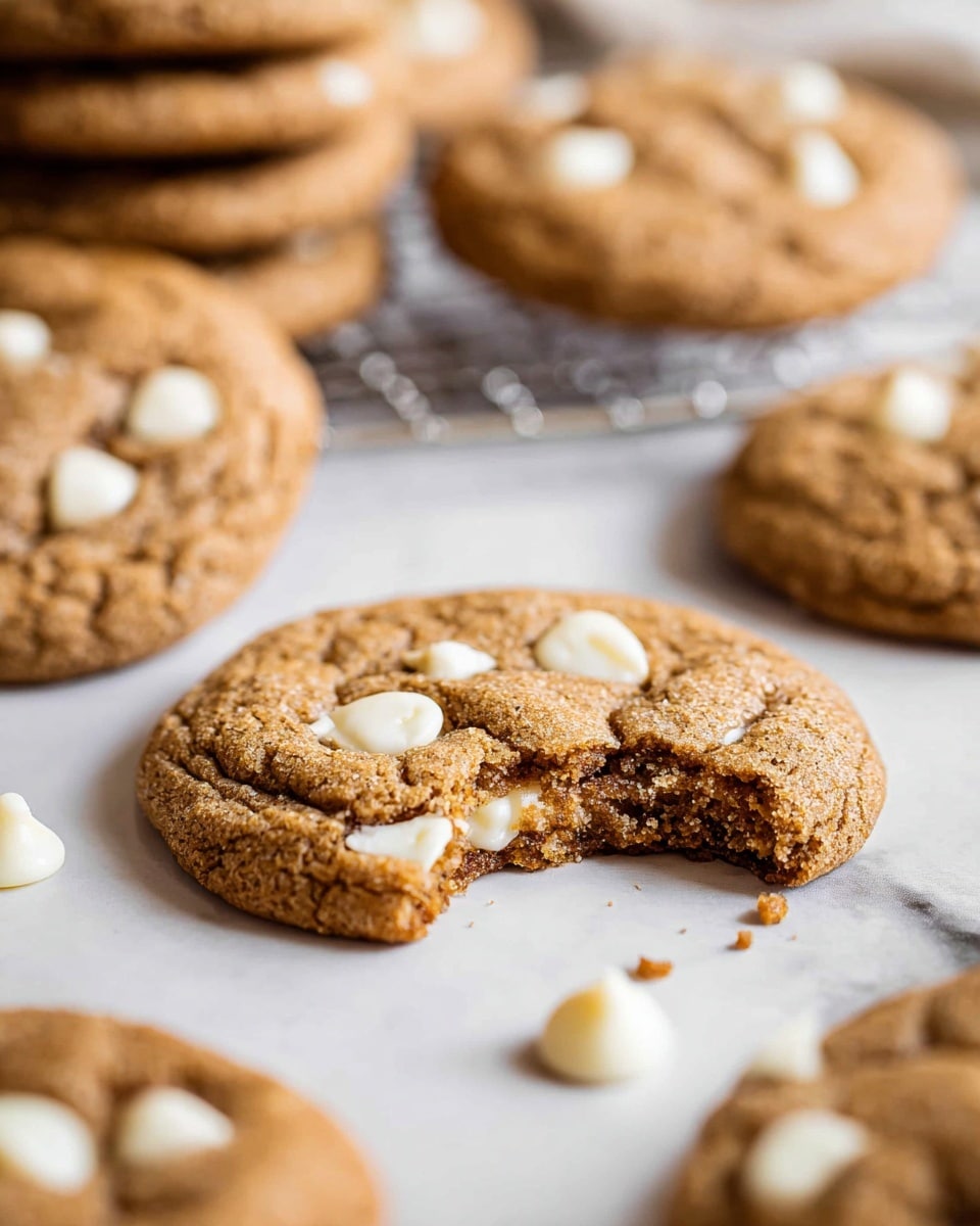 A close-up view of a soft, chewy cookie with a light brown color and white chocolate chips scattered throughout, with one cookie in the front showing a bite taken out of it revealing a moist, crumbly texture inside; in the background, several more cookies rest on a wire cooling rack, all with similar colors and textures, placed on a white marbled surface with some white chocolate chips scattered around. photo taken with an iphone --ar 4:5 --v 7