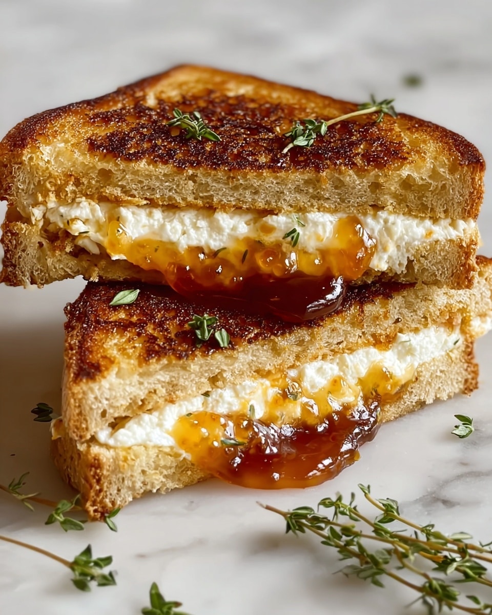 A close-up of a grilled sandwich cut diagonally in half, stacked with one half resting on the other, showing three visible layers: the top and bottom layers are golden-brown toasted bread with a slightly charred, crispy texture, the middle layer consists of white, creamy cheese with a soft texture, and bright orange apricot jam with a glossy, sticky look, garnished with a few small green thyme leaves scattered inside and on the sandwich. The sandwich is placed on a light brown surface with small thyme sprigs nearby. photo taken with an iphone --ar 4:5 --v 7
