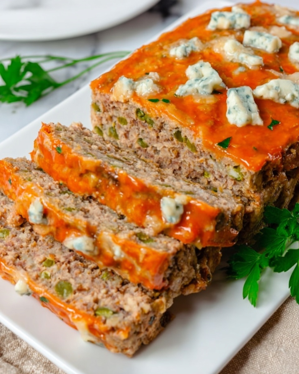 The image shows two slices of a meatloaf with a golden-brown crust and a crumbly texture, placed on a white rectangular plate. Each slice has a layer of melted blue cheese drizzled in patches on top, showing its creamy white color with blue veins. The meatloaf has small bits of green vegetables visible inside, giving it some color variation. A small green leafy garnish is placed next to the plate on a white marbled surface. The lighting highlights the moist texture and the cheese’s smoothness. Photo taken with an iphone --ar 4:5 --v 7