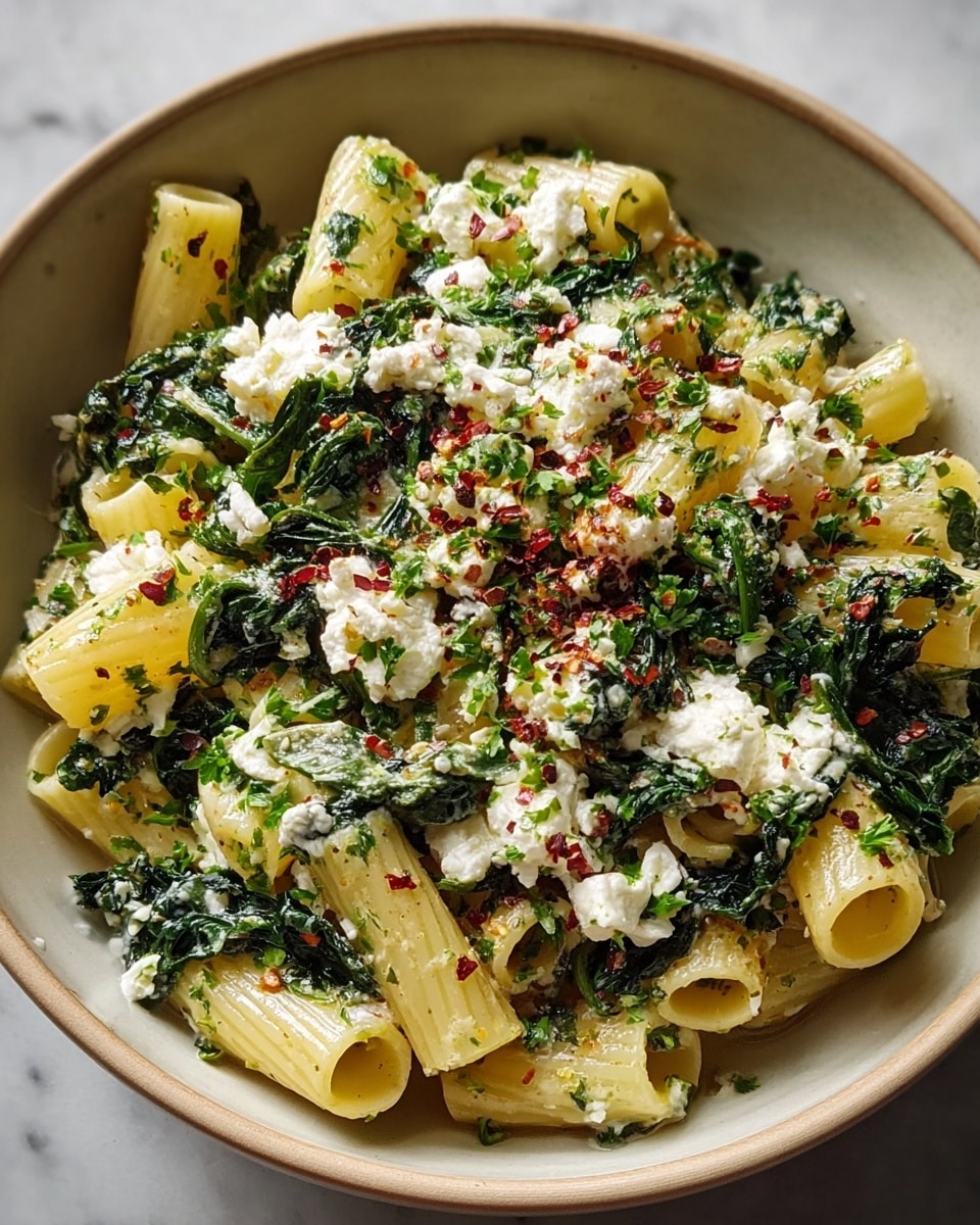 The dish is a bowl of rigatoni pasta cooked al dente, with tubular shapes that have a light yellow color. The pasta is mixed with wilted dark green spinach leaves evenly spread throughout. On top, there is a layer of crumbly white cheese scattered generously, giving a textured, slightly creamy look. Red chili flakes and finely chopped green herbs are sprinkled over the whole dish, adding pops of color. The bowl is white, resting on a white marbled surface. photo taken with an iphone --ar 4:5 --v 7