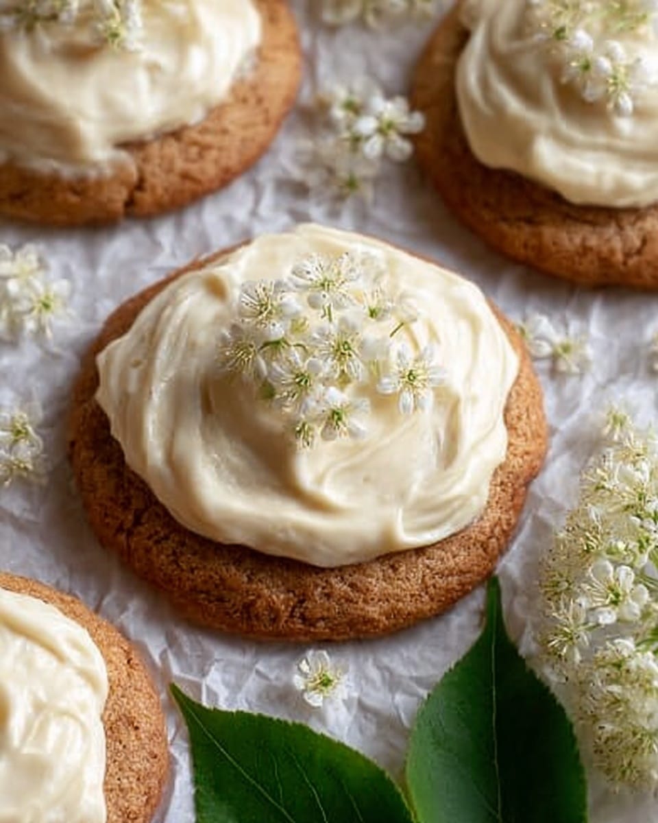 The image shows soft, round cookies with a single layer of light brown color topped with a thick, creamy white frosting spread unevenly on top. Small delicate white edible flowers are scattered on the frosting and on the light brown parchment paper underneath. There are green leaves on the side that add a fresh touch. The cookies are placed on a white marbled surface, giving a clean and bright look. Photo taken with an iphone --ar 4:5 --v 7