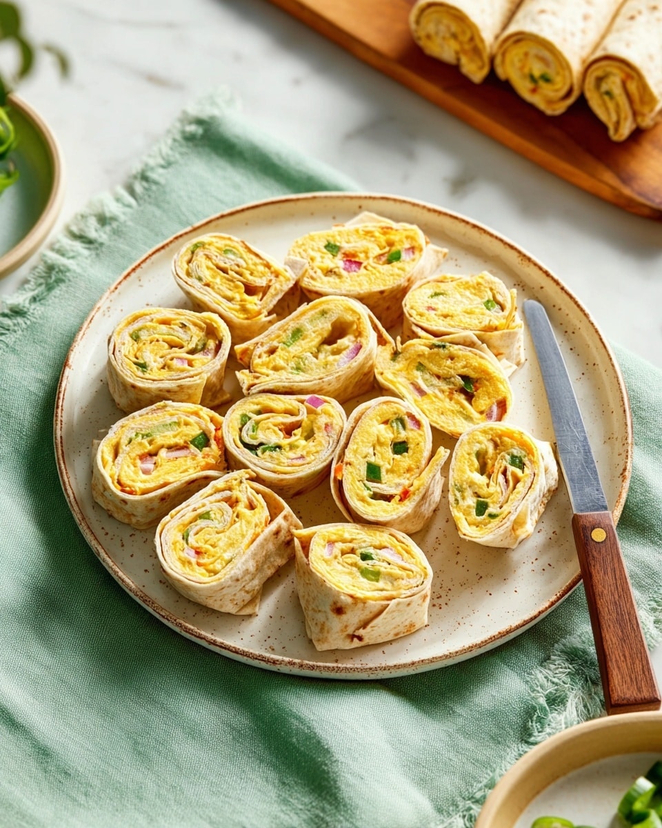 A round white plate with brown speckles holds eleven pinwheel-shaped pieces of a light yellow wrap filled with diced green and yellow vegetables and small bits of red onion, each piece showing a soft, creamy texture with a visible spiral pattern inside. One piece is cut in half, with a wooden-handled knife resting on the plate. The plate is set on a white marbled surface with a soft green cloth underneath, and a bright yellow napkin is visible on the right side. In the background, there are hints of a white bowl with fresh green jalapeños and an orange bowl partially shown at the bottom. Photo taken with an iphone --ar 4:5 --v 7