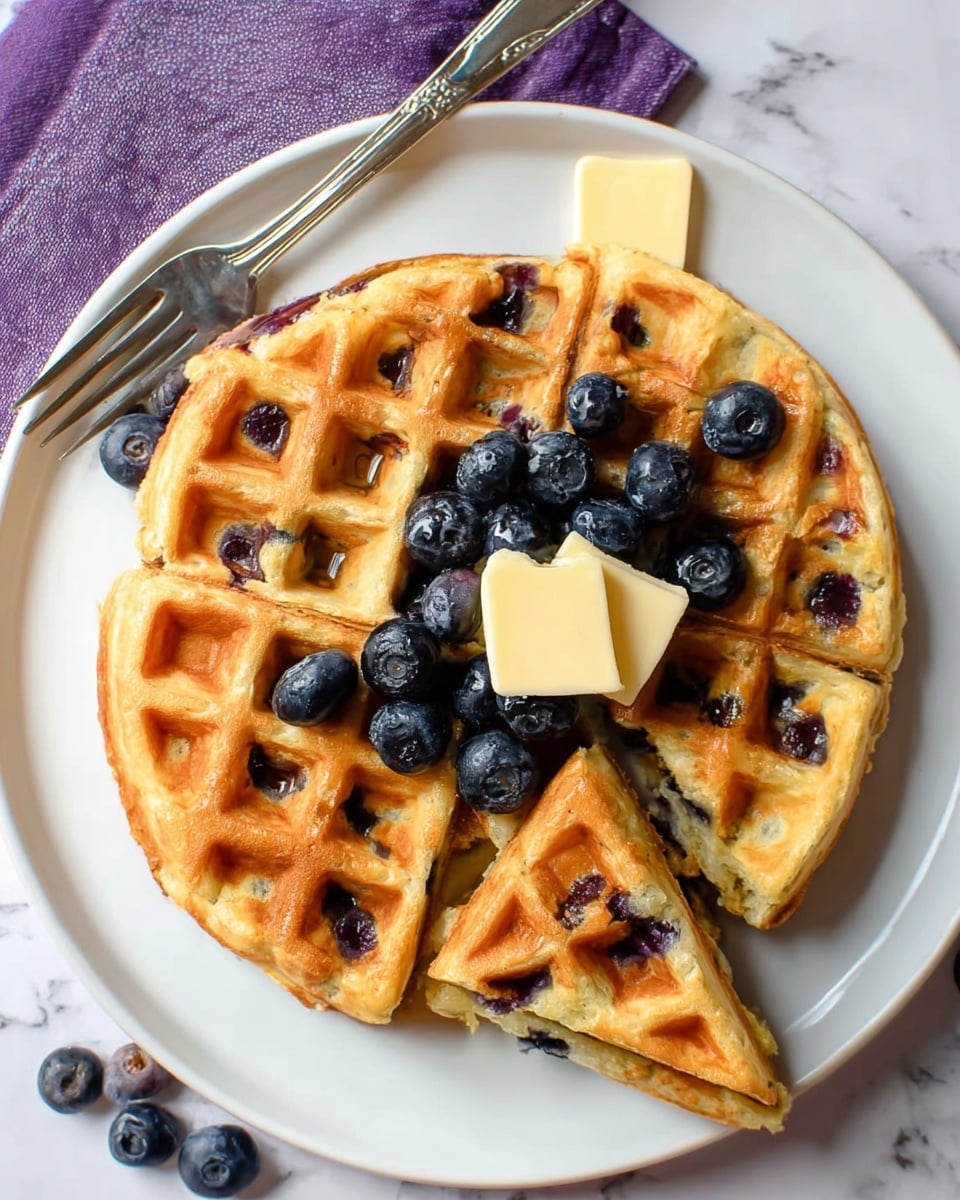 A white plate holds a stack of thick, golden brown waffles with visible blueberries baked inside. The waffles are arranged in a circle with one piece slightly lifted to show its texture. On top, there are fresh, plump blueberries spread across the waffles. Two small pieces of butter sit in the middle, starting to melt slightly. The plate is set on a white marbled surface with a few loose blueberries scattered around. A silver fork and a purple cloth napkin are placed to the side. photo taken with an iphone --ar 4:5 --v 7
