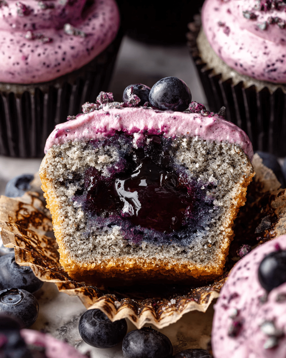 The image shows a close-up of a blueberry muffin cut in half, revealing three layers: the bottom layer is a soft, crumbly blueberry muffin base with a speckled texture in grayish-blue color; the middle layer is a thick, glossy dark purple blueberry jam filling; the top layer is a thick, creamy light purple frosting with small dark specks, decorated with tiny dried blueberry pieces on top. The muffin liner is brown and textured, and the muffin rests on a dark patterned surface with whole blueberries scattered around. photo taken with an iphone --ar 4:5 --v 7