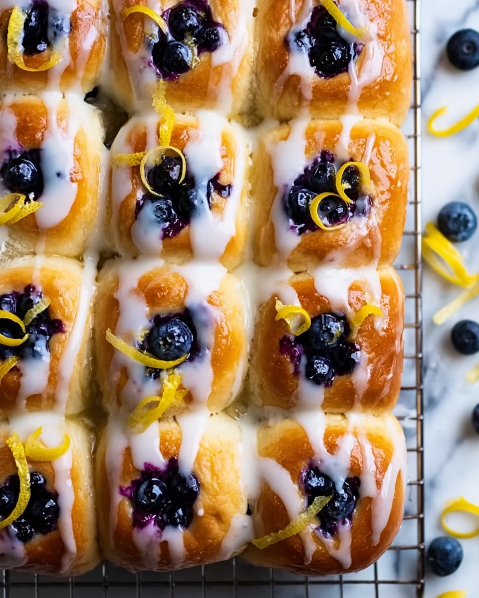 The image shows a close-up of a golden-brown blueberry bun bread arranged in a grid pattern. Each bun has a soft, shiny surface with a drizzle of white icing on top. There are plump, dark blue blueberries nestled in the center of each bun, some with a purple juice stain seeping into the dough. Small curly lemon peel garnishes are placed on some buns. The bread rests on a wire rack over a white marbled surface, with scattered lemon peels nearby. photo taken with an iphone --ar 4:5 --v 7