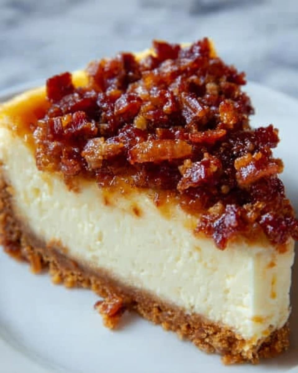 The image shows a close-up slice of cheesecake on a white plate with a white marbled background. The cheesecake has two layers: a thick creamy pale yellow layer of cheesecake in the middle with a smooth texture, and a thin golden-brown crust layer at the bottom that looks slightly crumbly. On top of the cheesecake, there is a generous layer of small, crispy, caramelized bacon pieces that are reddish-brown with a sticky, shiny glaze. The bacon topping is uneven and chunky, covering the entire top surface of the slice. Photo taken with an iphone --ar 4:5 --v 7