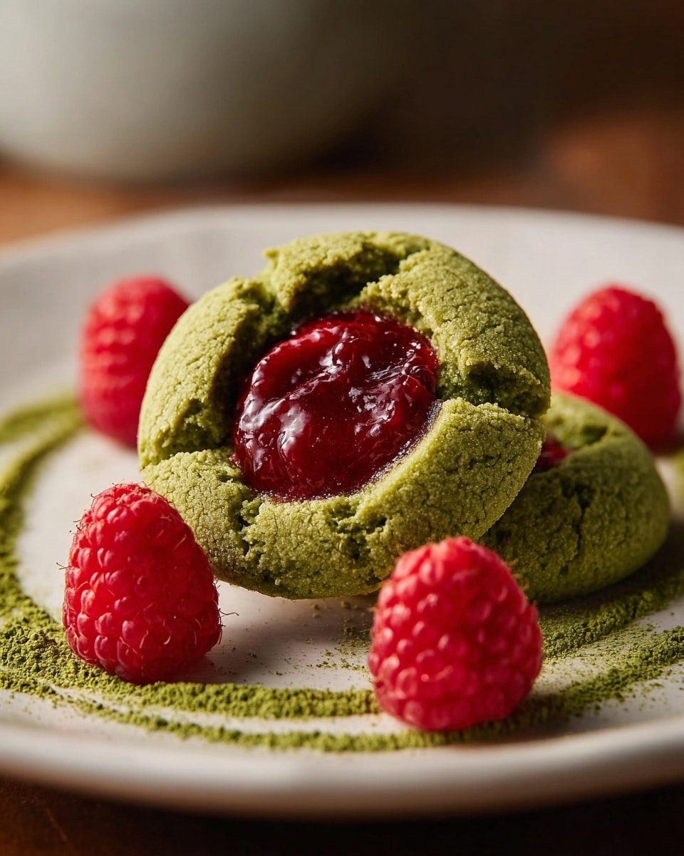 A close-up of two green matcha cookies stacked on a white plate with a white marbled texture, with the top cookie cracked and filled with shiny, deep red raspberry jam in the center, surrounded by four fresh bright red raspberries placed around the plate. There is a dusting of fine green matcha powder spread in a circular pattern on the plate around the cookies and raspberries. The overall look is warm and inviting with a soft steam rising in the background. photo taken with an iphone --ar 4:5 --v 7