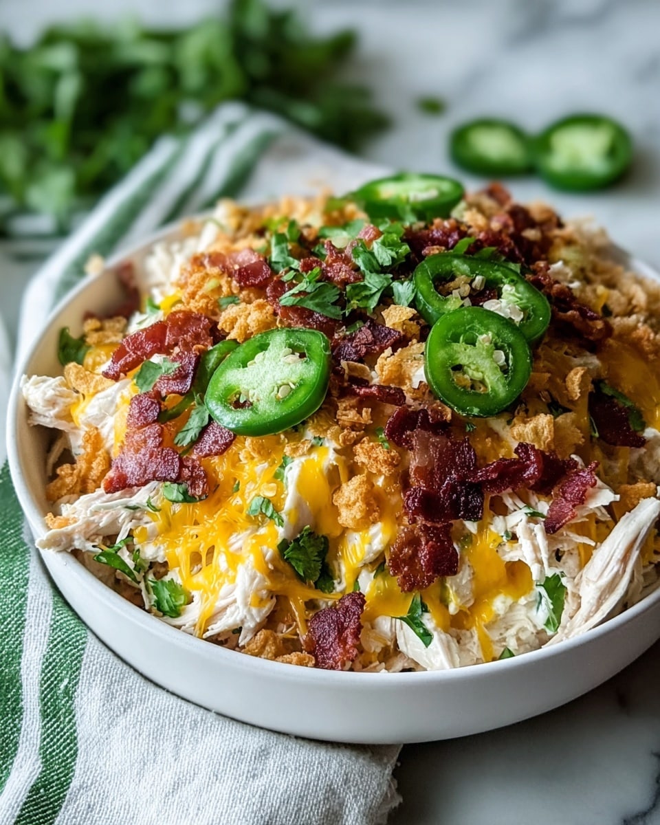 A white bowl filled with a layered dish starting with a base of shredded white chicken mixed with green cilantro leaves, topped with melted yellow cheddar cheese that drips softly over the chicken. Scattered crispy fried onion bits add a golden brown crunch, while small chunks of dark red bacon pieces are spread across the surface. Bright green sliced jalapeño rings are placed on top, adding fresh color and texture contrast. The bowl rests on a cloth with green stripes, set on a white marbled surface with some blurred greenery in the background, photo taken with an iphone --ar 4:5 --v 7