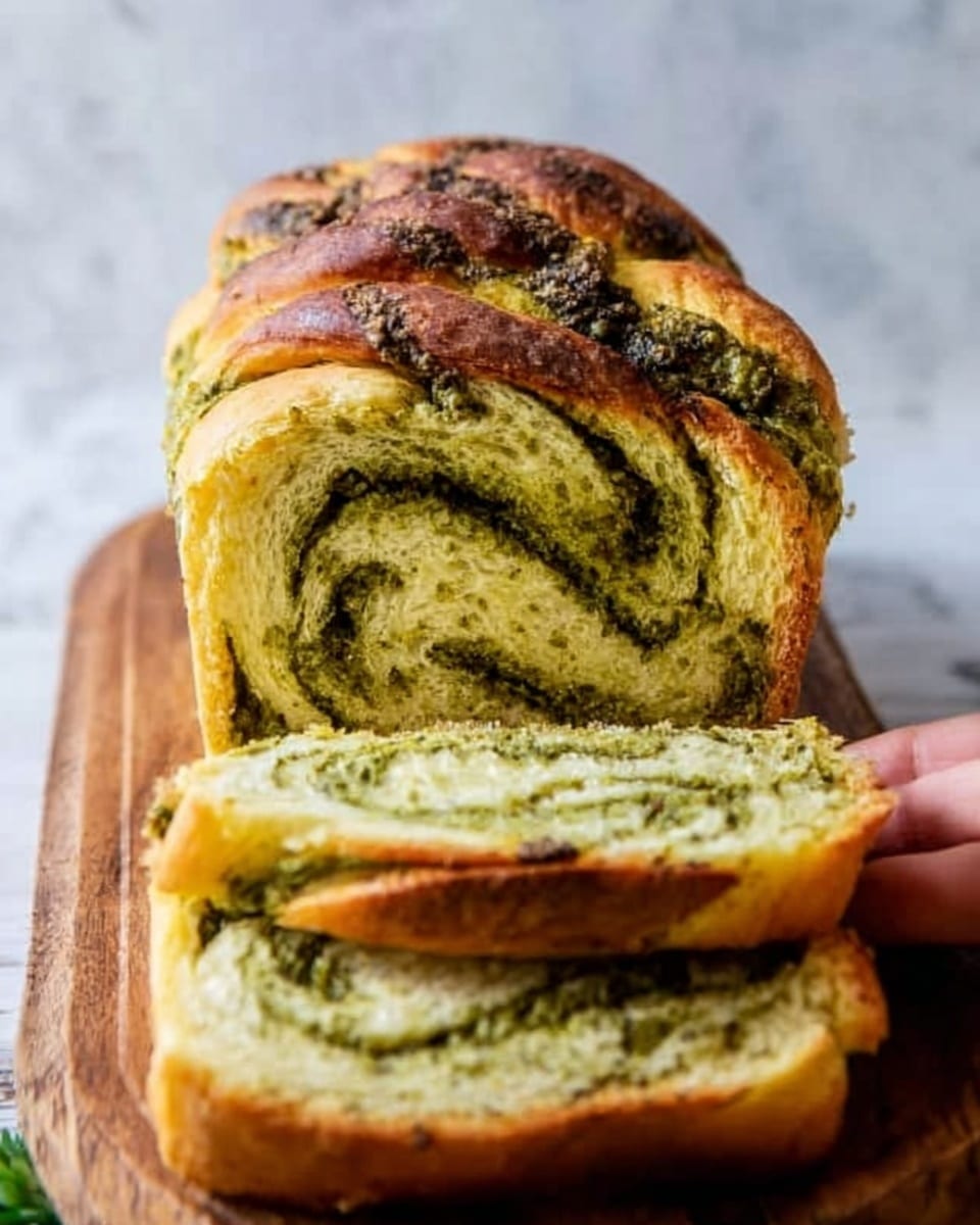 The image shows a loaf of bread with two visible slices on a wooden board. The bread has a golden-brown crust with darker, toasted spots on top. Inside, there are two thick, swirled layers of green pesto mixed with lighter yellow bread dough. The texture of the bread looks soft and fluffy, while the pesto layer appears slightly chunky and moist. A woman’s hand is partially visible, holding the loaf on the side. The background is a white marbled texture. Photo taken with an iphone --ar 4:5 --v 7