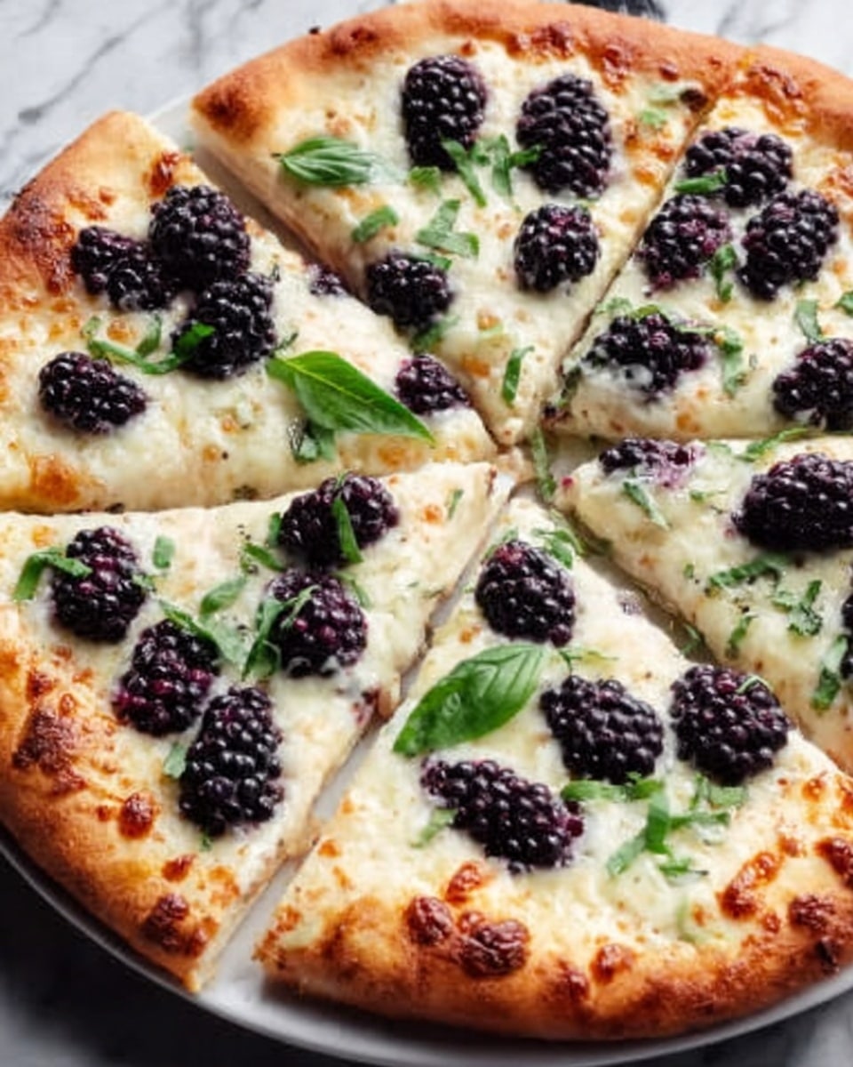 A round pizza with a golden brown crust is cut into six slices and placed on a white plate. The pizza has a layer of melted mozzarella cheese that is creamy white with a slightly bubbly texture. On top, there are fresh blackberries scattered evenly, which are dark purple and shiny. Bright green basil leaves are also spread across the pizza, adding a fresh contrast. The crust looks crisp and slightly thick, with a light toasting around the edges. The background is a white marbled texture. Photo taken with an iphone --ar 4:5 --v 7