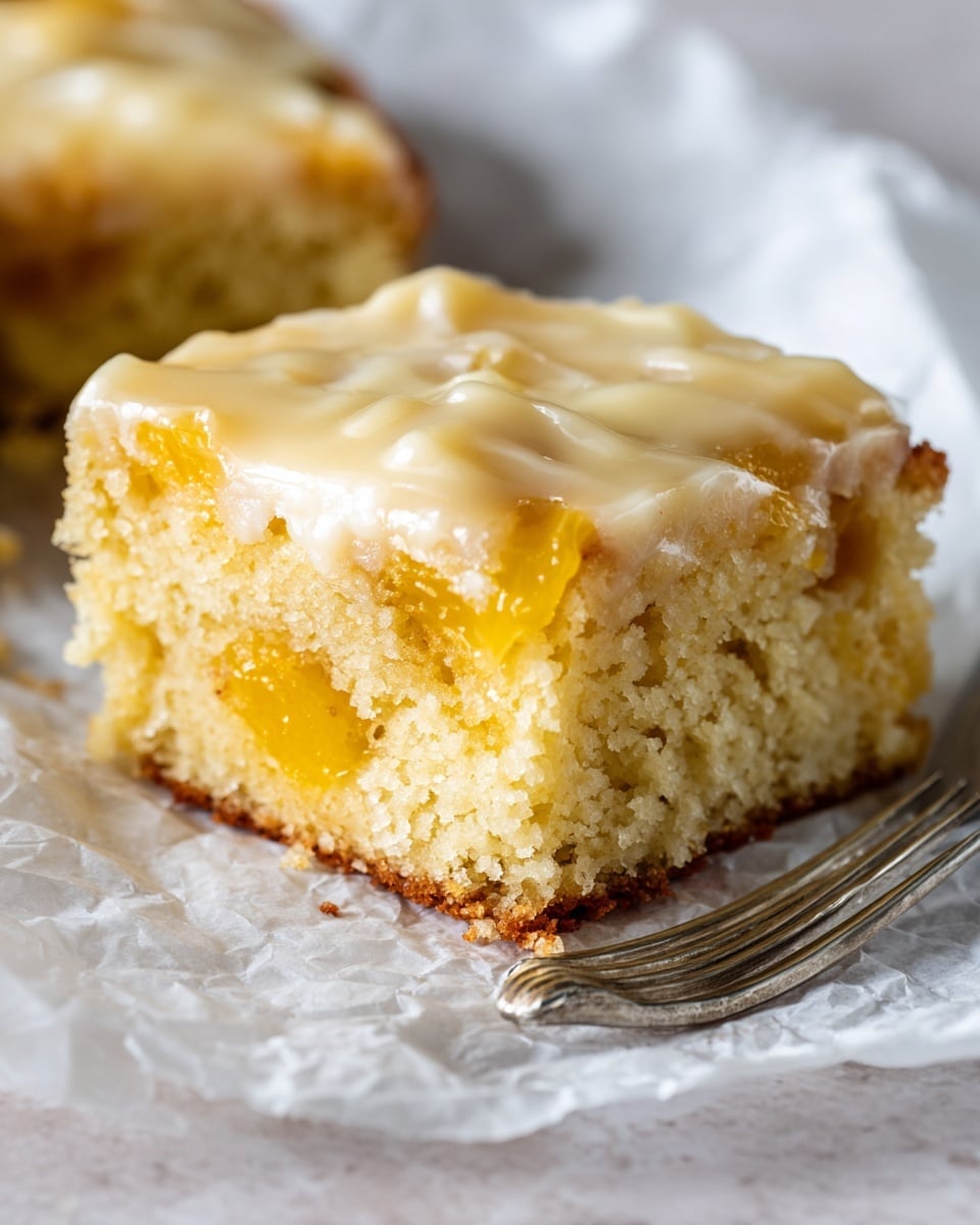 A close-up view of a single square piece of yellow cake with a soft, spongy texture, showing chunks of orange fruit embedded inside the cake layer. The cake is topped with a smooth, creamy white icing layer that has slight cracks on the surface. The cake rests on crumpled white paper, placed on a white marbled texture. In the background, a silver fork is partially visible on the left side, and a blurred piece of another cake sits behind the main piece. Photo taken with an iphone --ar 4:5 --v 7