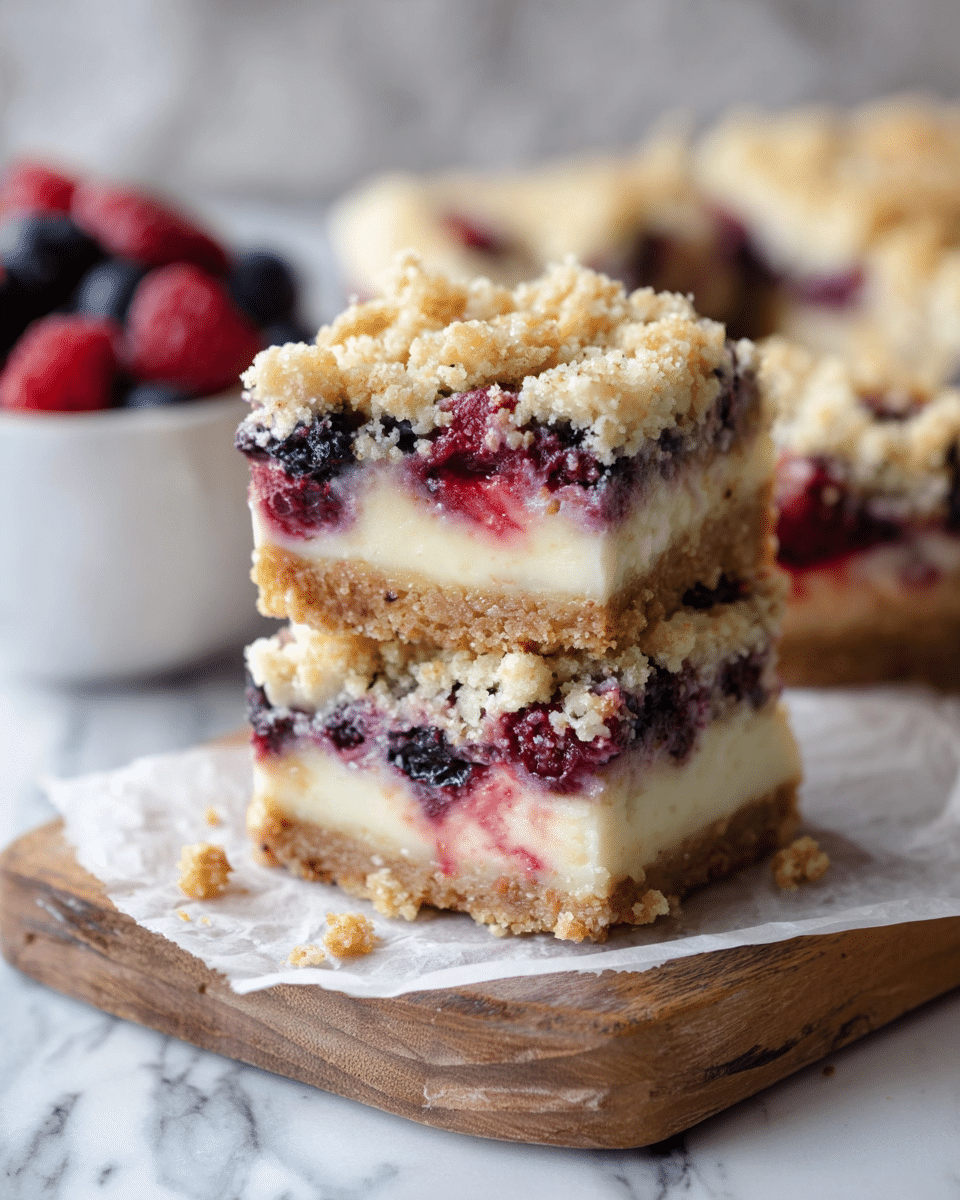 The image shows three stacked dessert bars on a piece of parchment paper placed on a wooden board, set on a white marbled surface. Each bar has four visible layers: a light brown crumbly crust at the bottom, a thick creamy white layer above it, a mix of red and purple berries embedded within the creamy layer, and a crumbly golden topping that looks crunchy. The bars appear moist and soft, with some berries slightly spilling over the edges. In the background, there is a white bowl with more mixed berries, and the whole scene has soft, natural lighting. Photo taken with an iphone --ar 4:5 --v 7