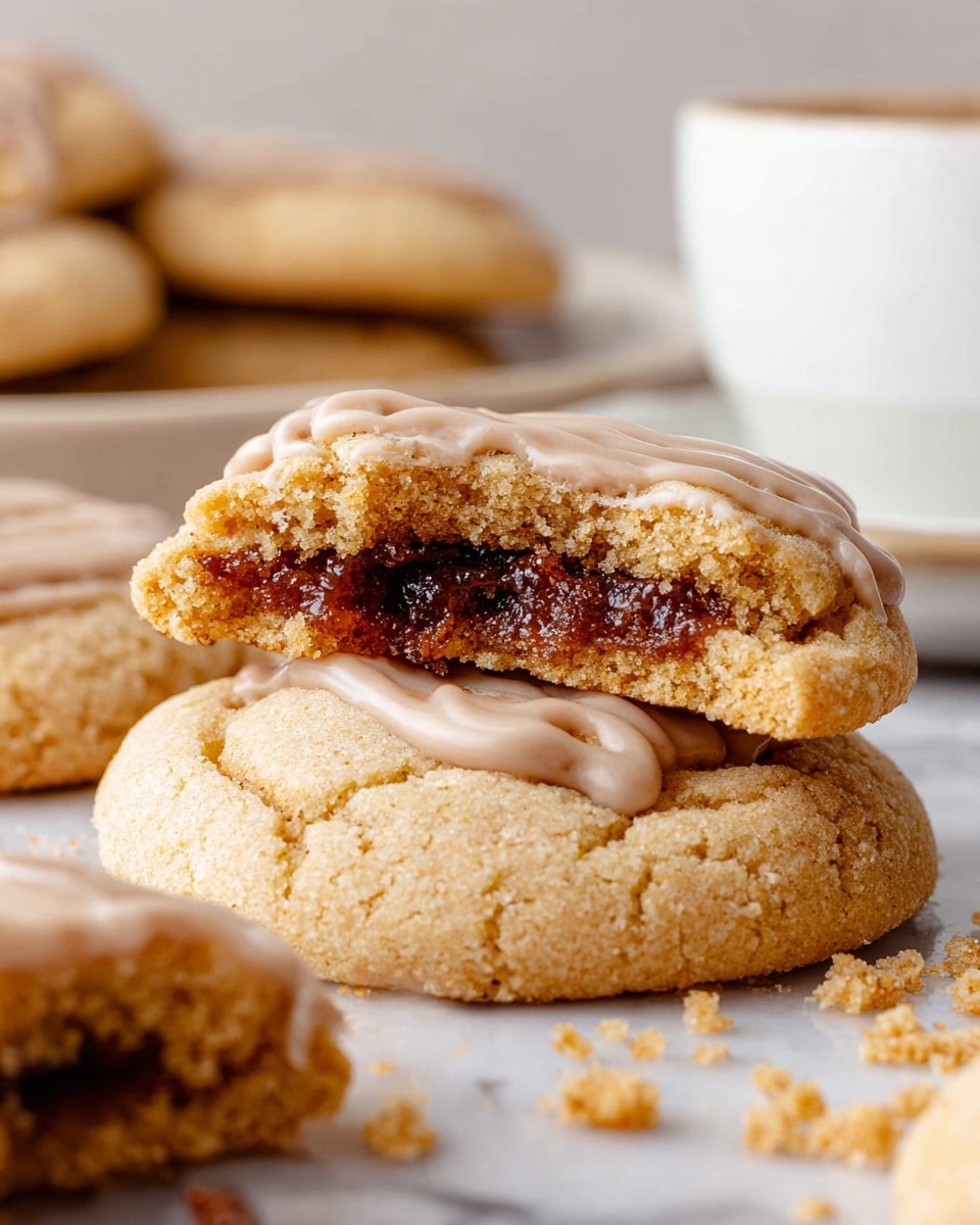 A close-up view of soft, thick cookies placed on a white marbled surface. One cookie is stacked as the base, light golden brown with a cracked surface, topped with a smooth, light tan glaze. On top of this cookie, there is another cookie broken in half showing a dark brown, gooey filling inside its soft, crumbly, golden dough. Crumbs are scattered around the cookies, adding texture to the scene. In the background, partially blurred, there are several more similarly glazed cookies and a cup on a white saucer. Photo taken with an iphone --ar 4:5 --v 7