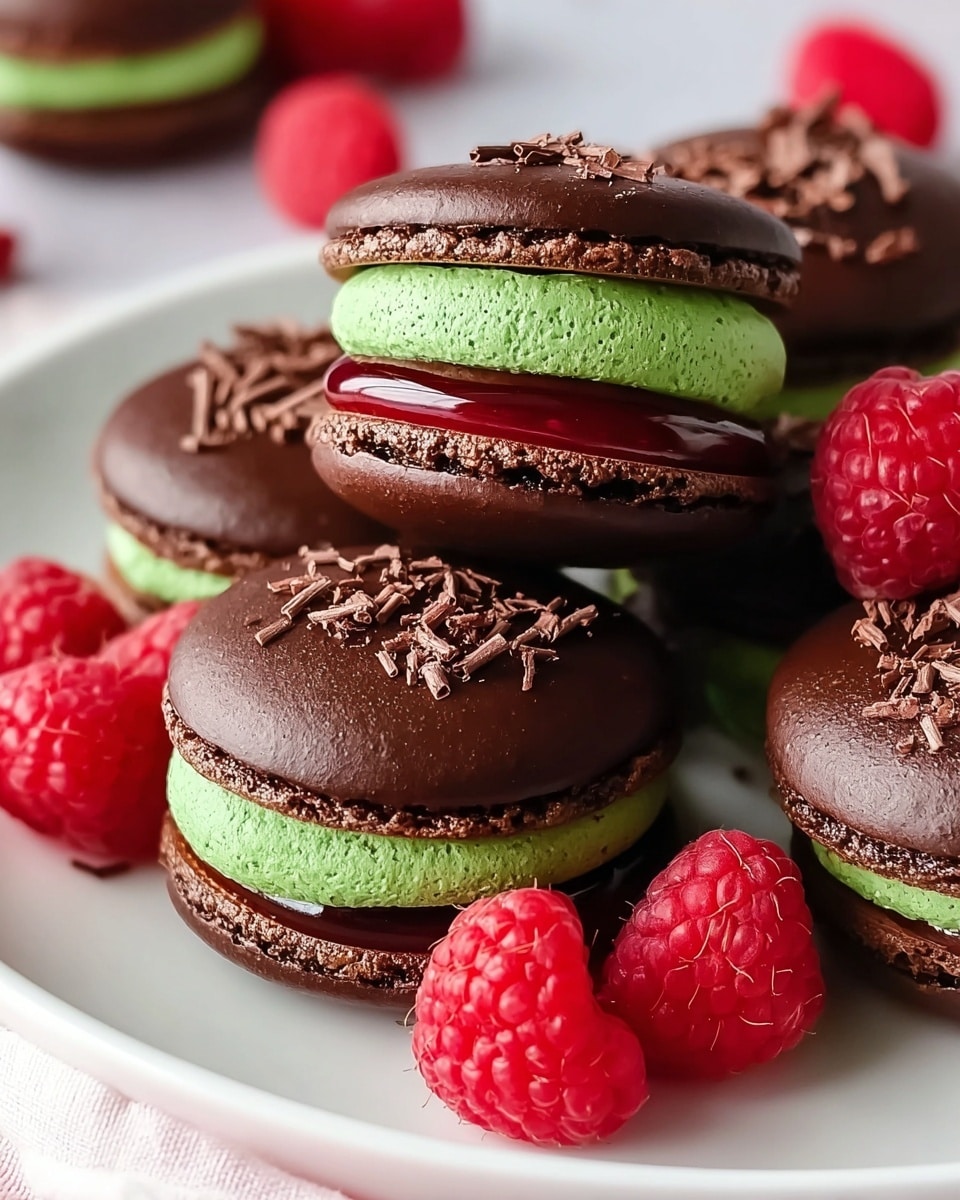 The image shows several chocolate macarons on a white plate with a white marbled texture background. Each macaron has three layers: a dark brown chocolate top with a smooth, glossy texture sprinkled lightly with small chocolate shavings, a thick green creamy filling layer in the middle with a slightly rough surface, and a dark brown chocolate bottom layer with a slightly cracked texture. Between the green filling and the bottom layer, there is a bright red glossy layer of jelly or cream. Around the macarons, there are fresh bright red raspberries adding contrast in color and texture. Photo taken with an iphone --ar 4:5 --v 7