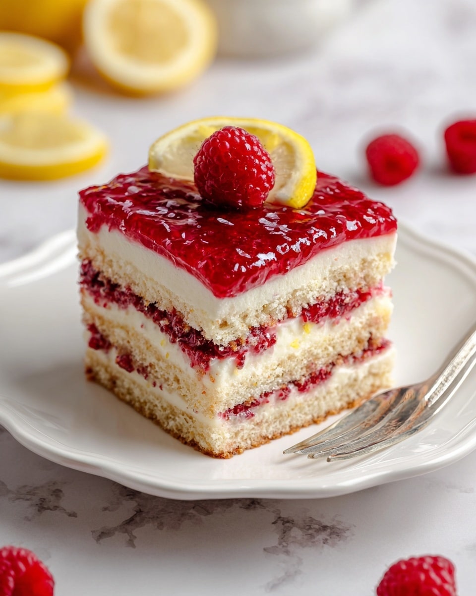 A square slice of layered cake sits on a white plate with slight scalloped edges, placed on a white marbled surface. The cake has four main layers: the bottom layer is a light beige sponge, followed by a smooth creamy white layer, then a bright red raspberry jam layer studded with fruit bits, and another sponge layer. Above this is another creamy white layer topped with a thick, glossy raspberry jam layer that is vibrant and textured. On top of the cake, there is a fresh raspberry and a thin lemon slice as decoration. A silver fork rests next to the plate, with raspberries and lemon slices scattered softly around on the surface. photo taken with an iphone --ar 4:5 --v 7