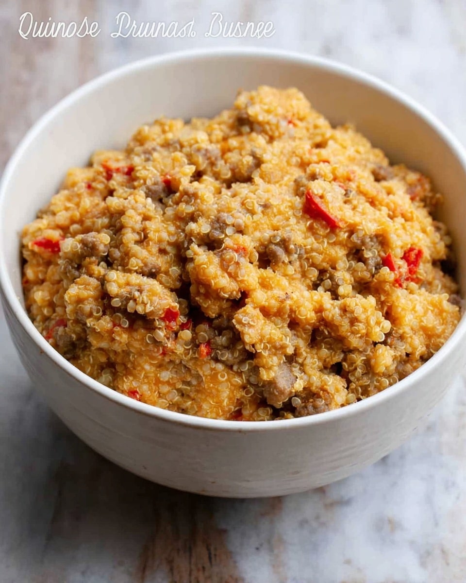 A white bowl is filled with a textured mixture of cooked quinoa blended with bits of sausage and melted cheese, creating a mostly light brown and creamy orange color with some small darker sausage pieces and occasional red spots from peppers or tomatoes mixed throughout. The bowl sits on a white marbled surface, and the dish looks warm and hearty with a chunky, soft texture. photo taken with an iphone --ar 4:5 --v 7