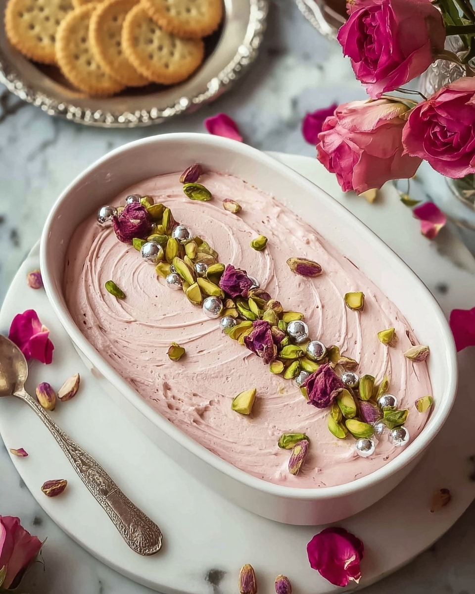 A dessert with two visible layers in an oval white dish on a white marbled texture. The bottom layer is beige and slightly peeks at the edges. The top layer is light pink, smooth with soft swirls spread evenly. In the center, a line of green pistachios, dark pink rose petals, and silver-coated almonds form a colorful and textured decoration. Around the dish are scattered rose petals and whole pink roses. To the side, there is a silver tray with light brown biscuit slices and a silver utensil. photo taken with an iphone --ar 4:5 --v 7
