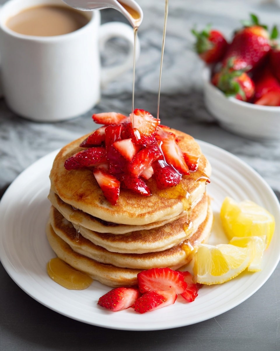 A stack of four thick, golden brown pancakes sits centered on a white plate, each layer looking fluffy and soft with a light browned edge. On top, there is a pile of bright red strawberry slices with a glossy texture, some placed on the sides of the pancakes. Golden syrup is being poured over the strawberries and pancakes, dripping down the sides in thin streams. On the plate next to the stack are a few lemon wedges and a couple of strawberry pieces. In the background, there is a white mug filled with light brown coffee and a white bowl full of strawberries, all on a white marbled surface. photo taken with an iphone --ar 4:5 --v 7