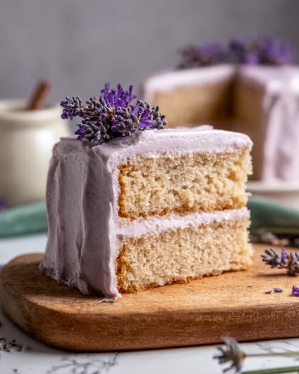 A slice of two-layer cake sits on a wooden board with a white marbled background. The cake layers are light brown with a soft, fluffy texture. Between and on top of the layers, there is a thick, pale purple frosting with a smooth cream texture. On top of the frosting, a small bunch of lavender flowers is placed as decoration. Photo taken with an iphone --ar 4:5 --v 7