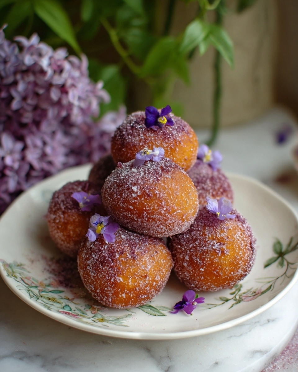 A white plate with small floral designs holds six round, golden-brown fried treats stacked in a pyramid shape. Each piece is coated with a dark purple sugary powder giving a grainy texture and is decorated on top with a few small light purple flowers. The plate sits on a white marbled textured surface with a bunch of purple flowers nearby and a blurred green plant in the background. photo taken with an iphone --ar 4:5 --v 7