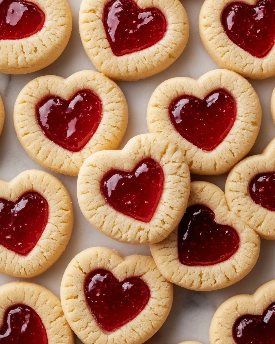 The image shows many round cookies with a heart shape cutout in the center filled with shiny red jam. Each cookie has a light golden color with soft cracks around the edges and the heart. The red jam inside the heart looks smooth and glossy. The cookies are closely stacked and spread out over a white marbled surface, creating a cozy, sweet feeling. photo taken with an iphone --ar 4:5 --v 7