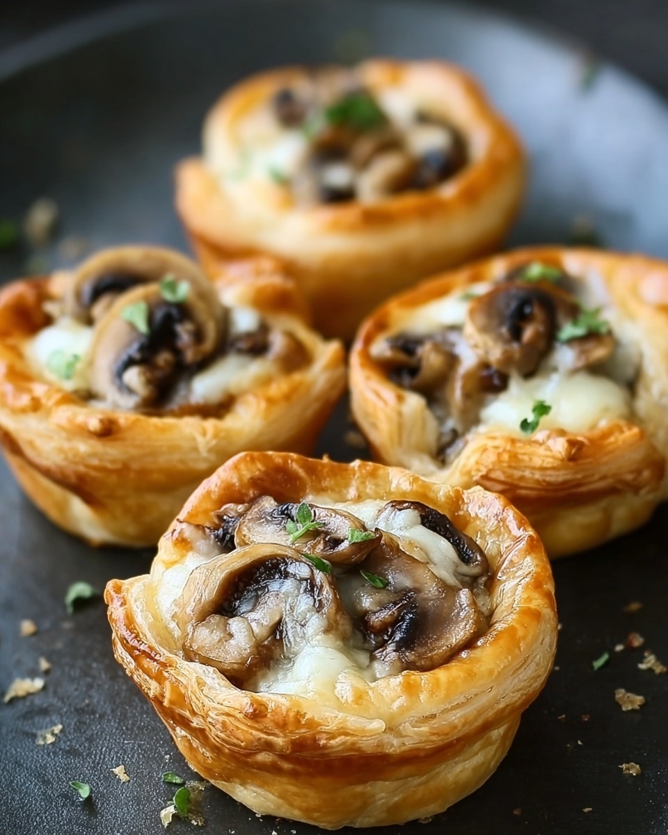 The image shows five small pastry cups arranged closely on a dark surface. Each pastry cup has two layers: a golden-brown, flaky puff pastry shell forming the outer cup with a slightly glossy texture, and a filling of cooked mushrooms in the center. The mushroom filling is topped with melted cheese, which is creamy white with a soft, smooth texture, slightly browned in spots. The mushrooms are sliced and look tender, showing light brown and dark brown shades. There is a hint of green herbs sprinkled on top of the mushrooms. The background is a white marbled texture. photo taken with an iphone --ar 4:5 --v 7