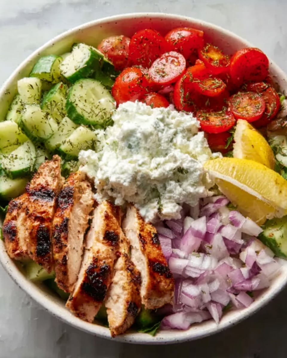 A white bowl on a white marbled surface holds a colorful, neatly arranged meal with five clear sections. Grilled chicken slices with visible char marks form one layer, showing a golden-brown texture with grill lines, placed at the bottom left. Above the chicken, there are chunks of light green cucumber sprinkled with herbs. To the right of the cucumber, small purple and white diced onions add a sharp contrast. Next to the onions, bright red cherry tomatoes cut in half fill their section, topped with herbs. In the middle of the bowl, a large scoop of creamy white cottage cheese sits on top, with a wedge of yellow lemon tucked at the lower right edge. photo taken with an iphone --ar 4:5 --v 7
