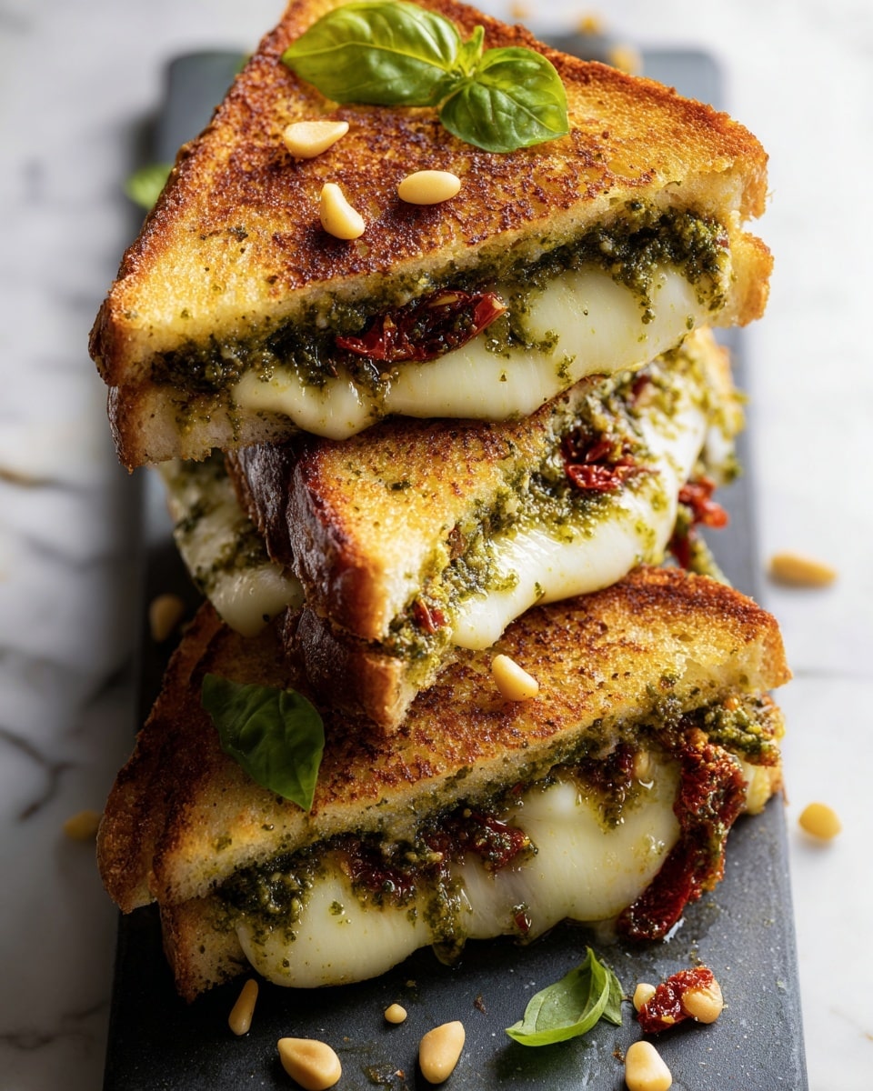 The image shows a stack of grilled cheese sandwiches cut into triangles and layered on a dark rectangular board on a white marbled surface. Each sandwich has two golden brown toasted bread slices with a crispy texture. Inside, there is a layer of melted white cheese stringing out between the halves, combined with a green pesto spread and small red sun-dried tomato pieces. The sandwiches are garnished with bright green basil leaves and scattered pine nuts. The toasted bread has a slightly uneven, crunchy look with some darker spots from grilling. photo taken with an iphone --ar 4:5 --v 7