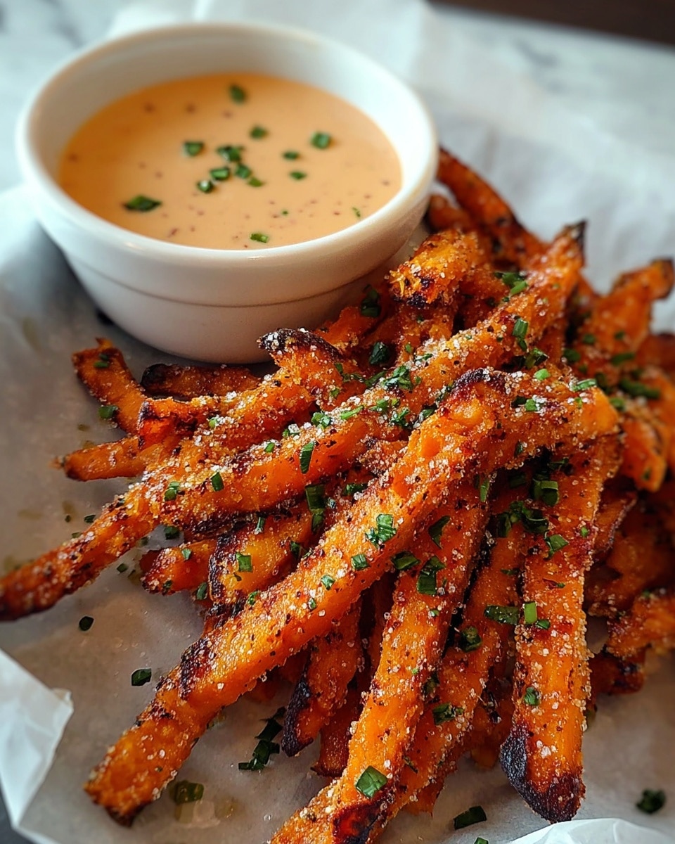 A white bowl filled with creamy light brown sauce, sprinkled with small green herb pieces, sits behind a pile of golden-orange sweet potato fries, each fry crispy with charred black specks and a dusting of coarse salt and chopped green herbs, arranged in a heap on white parchment paper over a white marbled surface. photo taken with an iphone --ar 4:5 --v 7