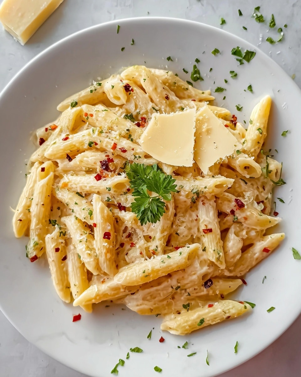 A white plate filled with creamy pasta made of tubular penne noodles coated in a smooth, pale yellow cheese sauce, sprinkled with small green herb bits and red chili flakes. On top, there are two thin slices of light yellow cheese and a small sprig of fresh green parsley in the center. The pasta looks rich and slightly glossy with a soft texture. Around the plate on the white marbled surface, some scattered herbs and chili flakes add detail. Photo taken with an iphone --ar 4:5 --v 7