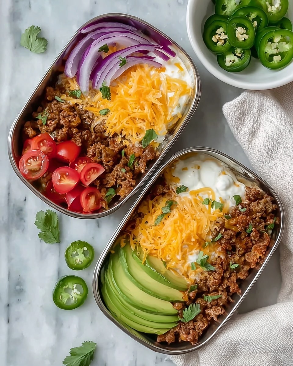 Two stainless steel rectangular containers are filled with a layered taco salad. The bottom layer is creamy white sour cream, topped with crumbly cooked ground beef. On top of the beef, there are patches of shredded bright orange cheddar cheese. One container has a few thin slices of purple-red onion, and the other has two slices of green jalapeño. Each container has diced red tomatoes scattered on one side and a few small green cilantro leaves sprinkled over the cheese. One container has three thin slices of green avocado arranged in a fanned pattern near the bottom, while the other shows slightly thicker avocado slices in the same position. The containers rest on a white marbled surface, with a white cloth nearby and a small white bowl holding sliced green jalapeños in the background. Photo taken with an iphone --ar 4:5 --v 7