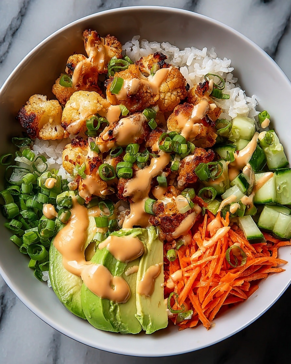 A white bowl filled with a base layer of white rice, topped with golden-brown grilled cauliflower pieces scattered unevenly on one side. Next to the cauliflower, bright orange shredded carrots, vibrant green chopped scallions, and fresh green cucumber cubes are neatly placed in sections around the bowl. Sliced creamy avocado with a light green color sits near the bottom edge of the bowl. Drizzled over the dish is a smooth, light orange sauce that flows across the cauliflower, avocado, and some vegetables. The bowl sits on a white marbled surface. photo taken with an iphone --ar 4:5 --v 7