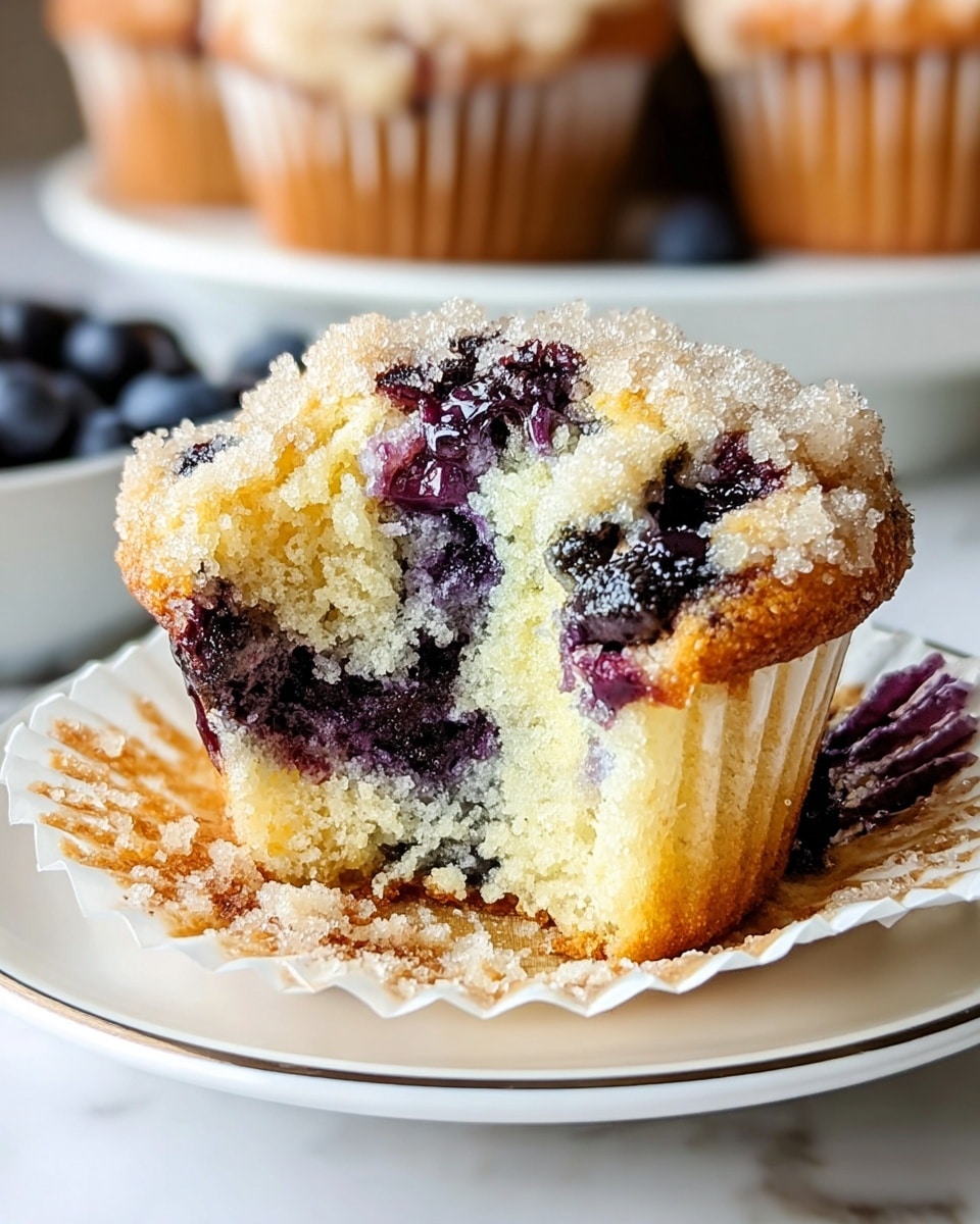 A close-up view of a blueberry muffin with one bite taken out, showing three layers: a light golden brown crumbly top sprinkled with sugar, a moist pale yellow cake layer in the middle, and dark purple blueberry fruit inside that is juicy and slightly melted, all held in a white paper liner; the muffin sits on a white plate with a thin silver rim, set against a white marbled background, with blurred muffins and blueberries visible in the background. photo taken with an iphone --ar 4:5 --v 7