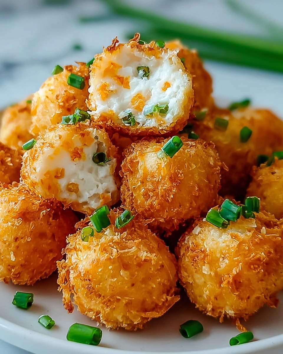 The image shows a close-up of golden-brown crispy balls piled on a white plate, each with a rough, crunchy outer layer. One ball is cut in half and placed on top, revealing a soft white inside mixed with small orange pieces and green chive bits. Several small green chive slices are scattered over and around the balls, adding a fresh pop of color. The plate sits on a white marbled surface. photo taken with an iphone --ar 4:5 --v 7
