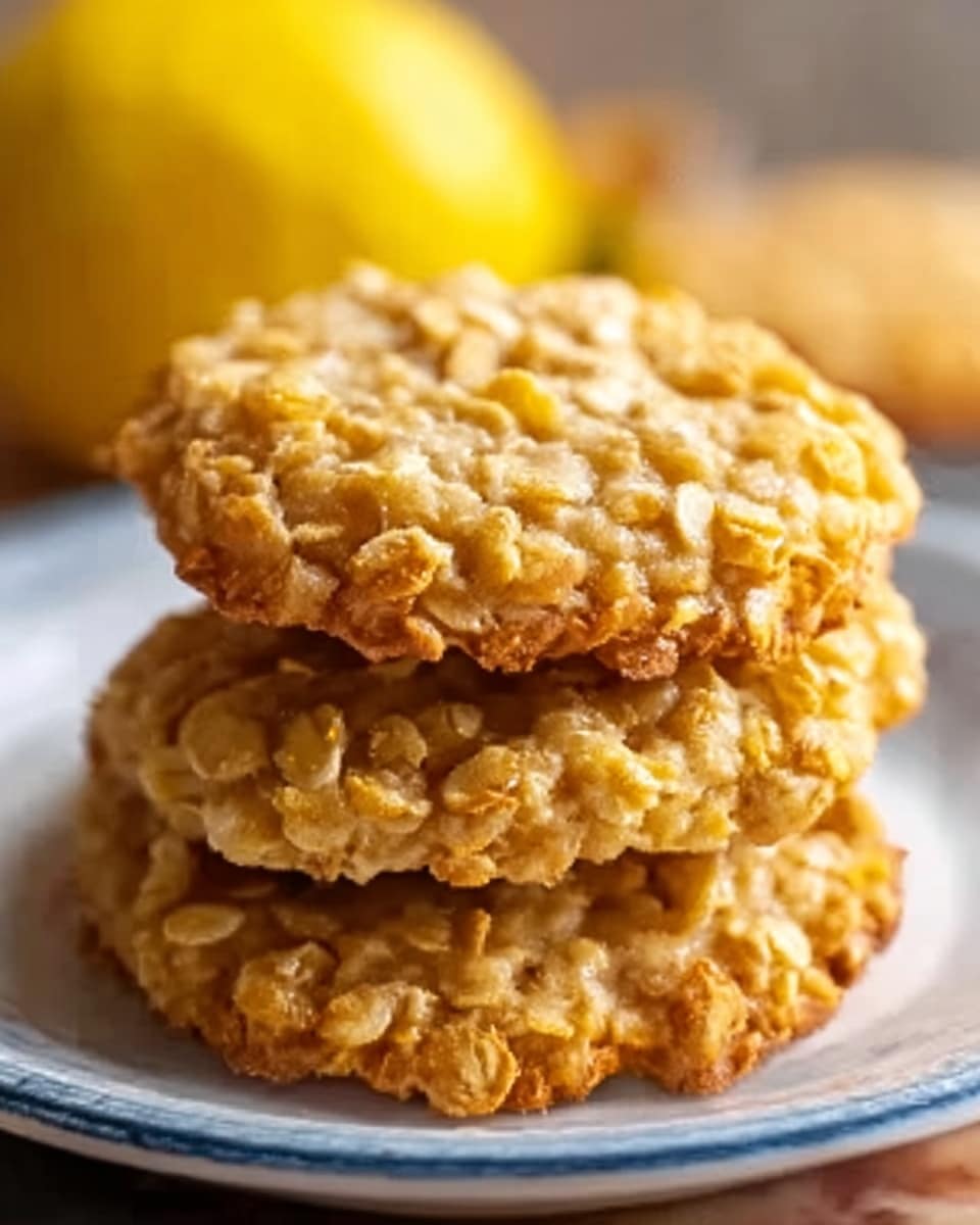 A close-up view of three golden oat cookies stacked on top of each other on a white plate with a thin blue rim, showing the rough texture of oats on top and around edges. In the background, there is a blurred yellow object, likely a lemon, on a white marbled surface. The warm lighting highlights the crispy and crumbly texture of the cookies. photo taken with an iphone --ar 4:5 --v 7